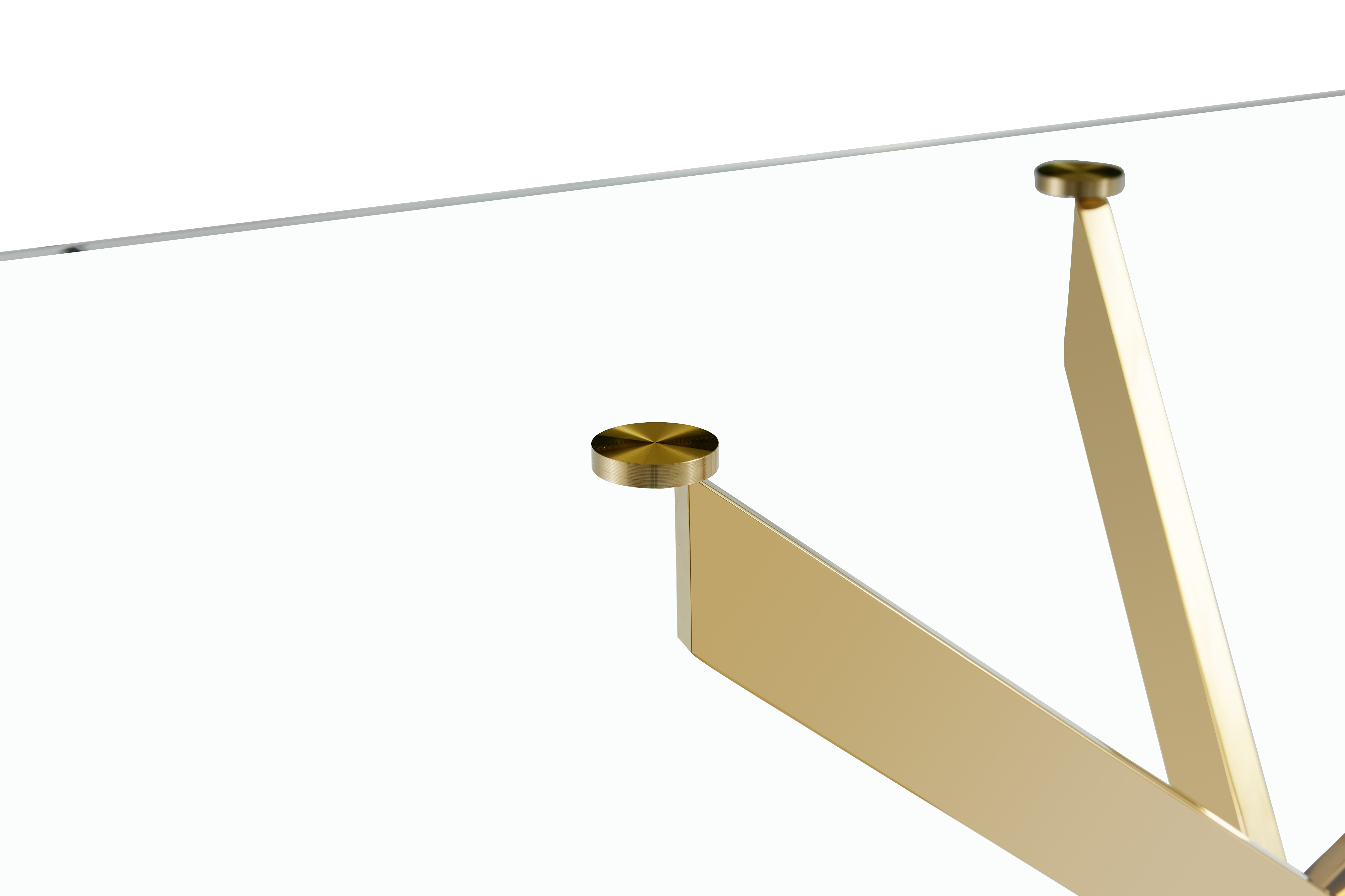 Polished gold crossed legs meeting gold cap mounts beneath the glass