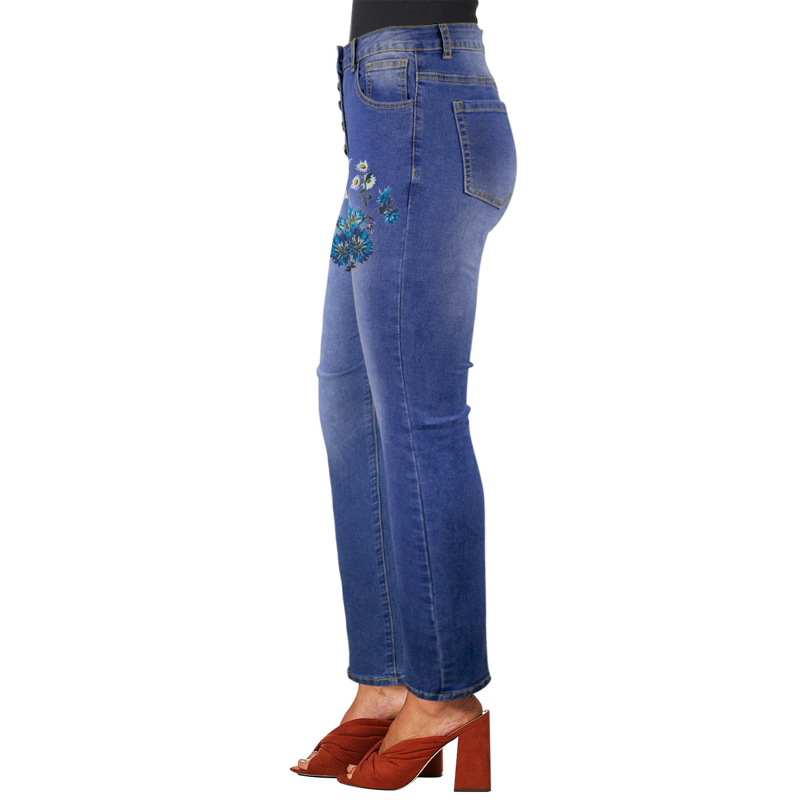 Women's blue denim jeans with floral front print, Made in USA, slim fit.