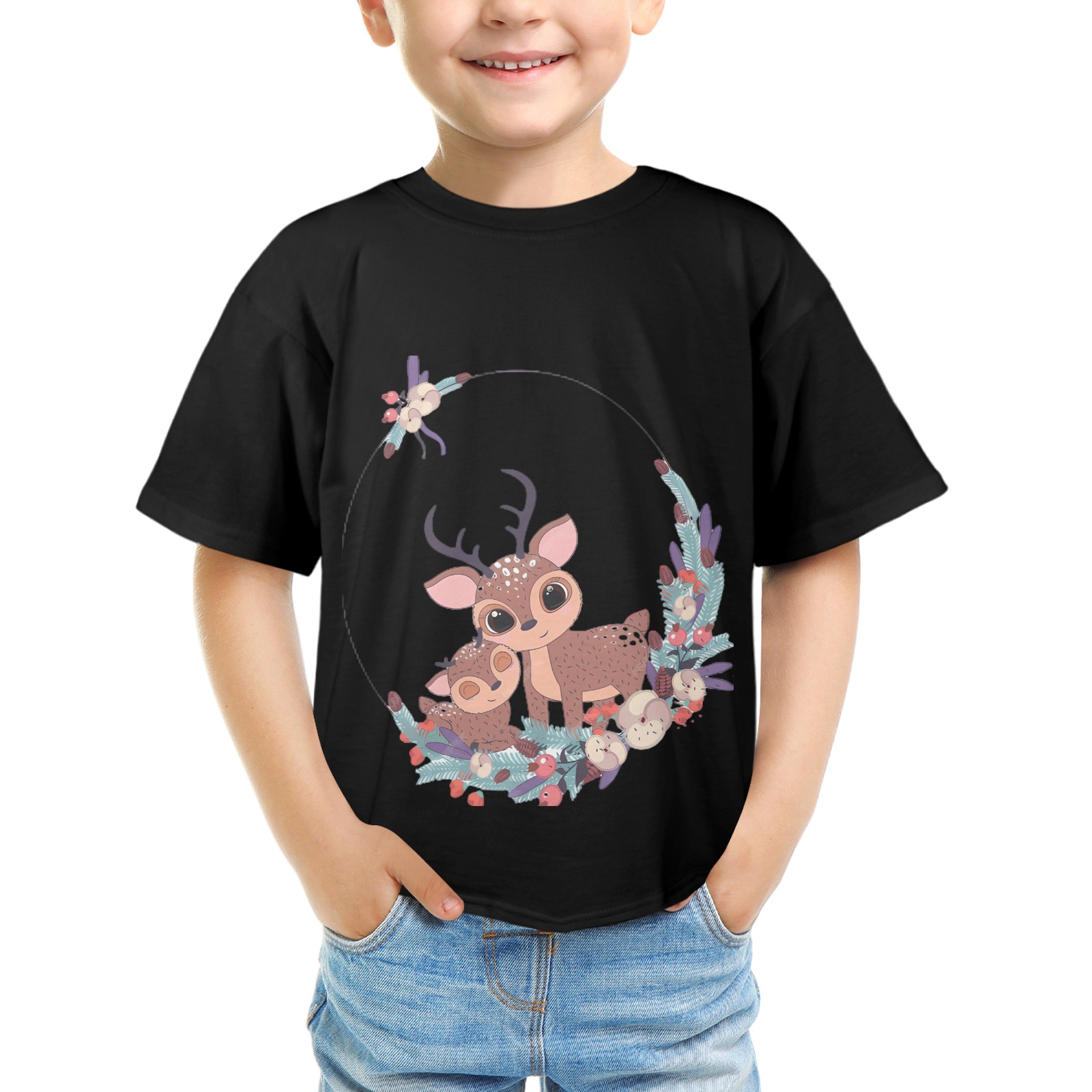 Kids' black t-shirt with deer and floral front print design, USA size