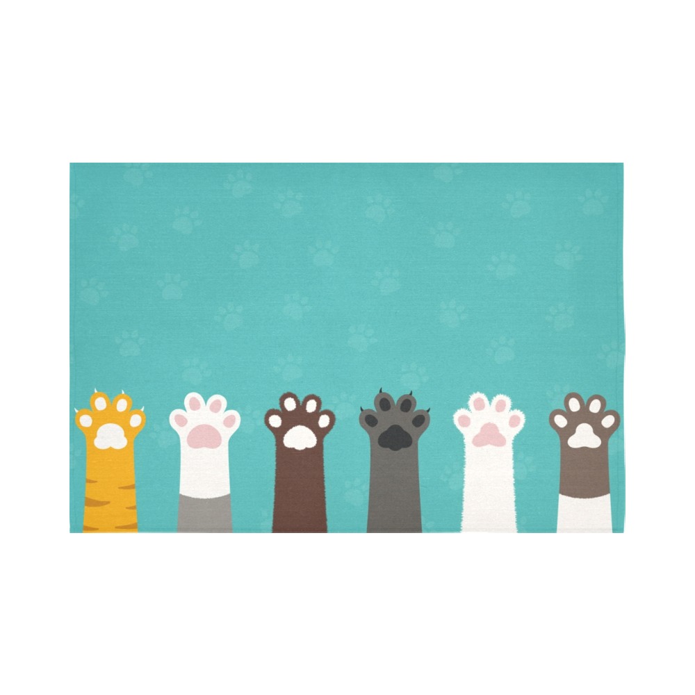Colorful cat paw tapestry 90x60 inches on turquoise background, made in USA, home decor.
