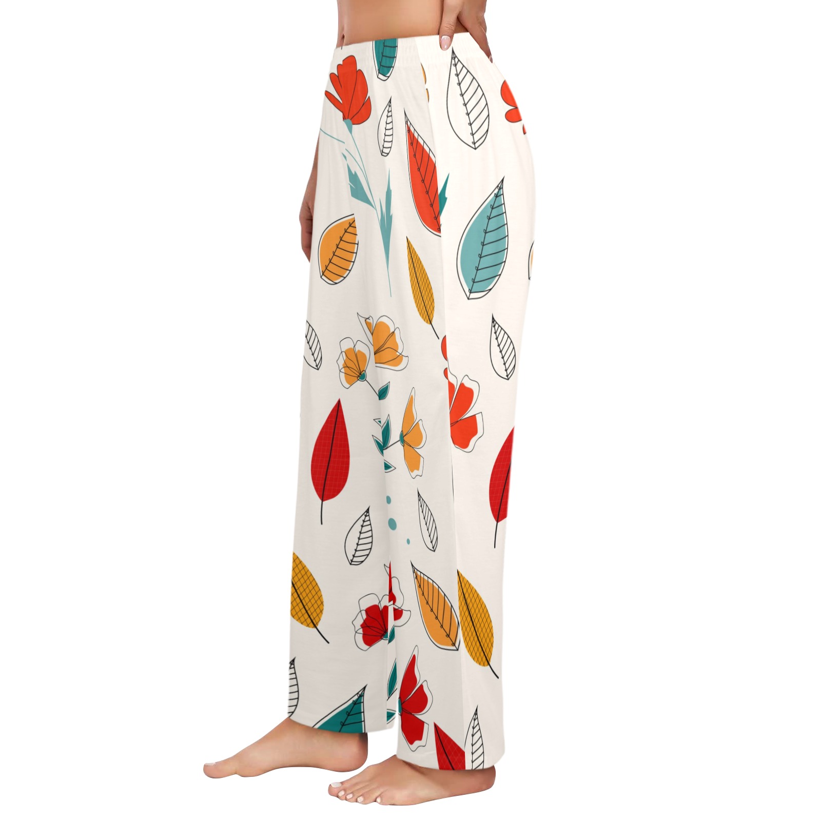 USA Made Women's Pajama Trousers with Leaf Print, Soft Polyester, No Pockets