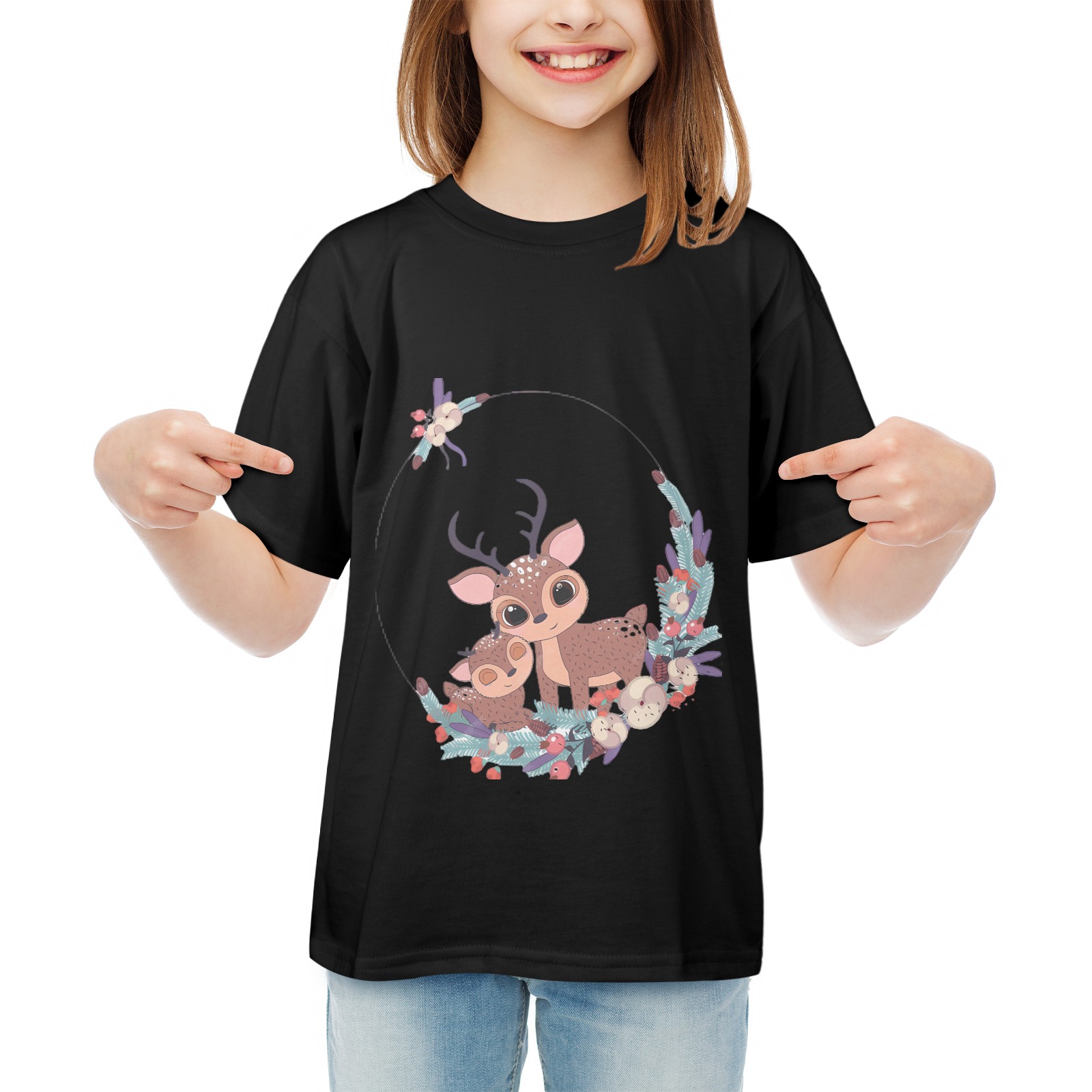 Kids' black t-shirt with deer and floral moon print, USA size