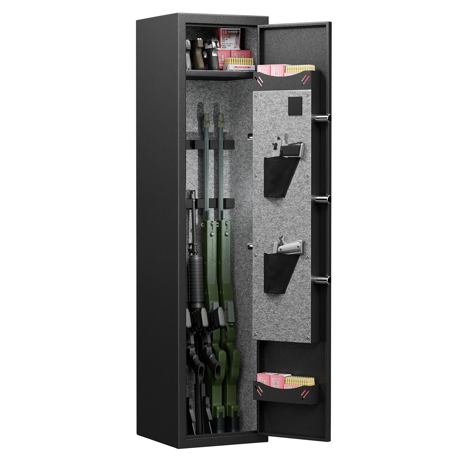 Open gun safe with two rifles in adjustable slots and handgun pockets