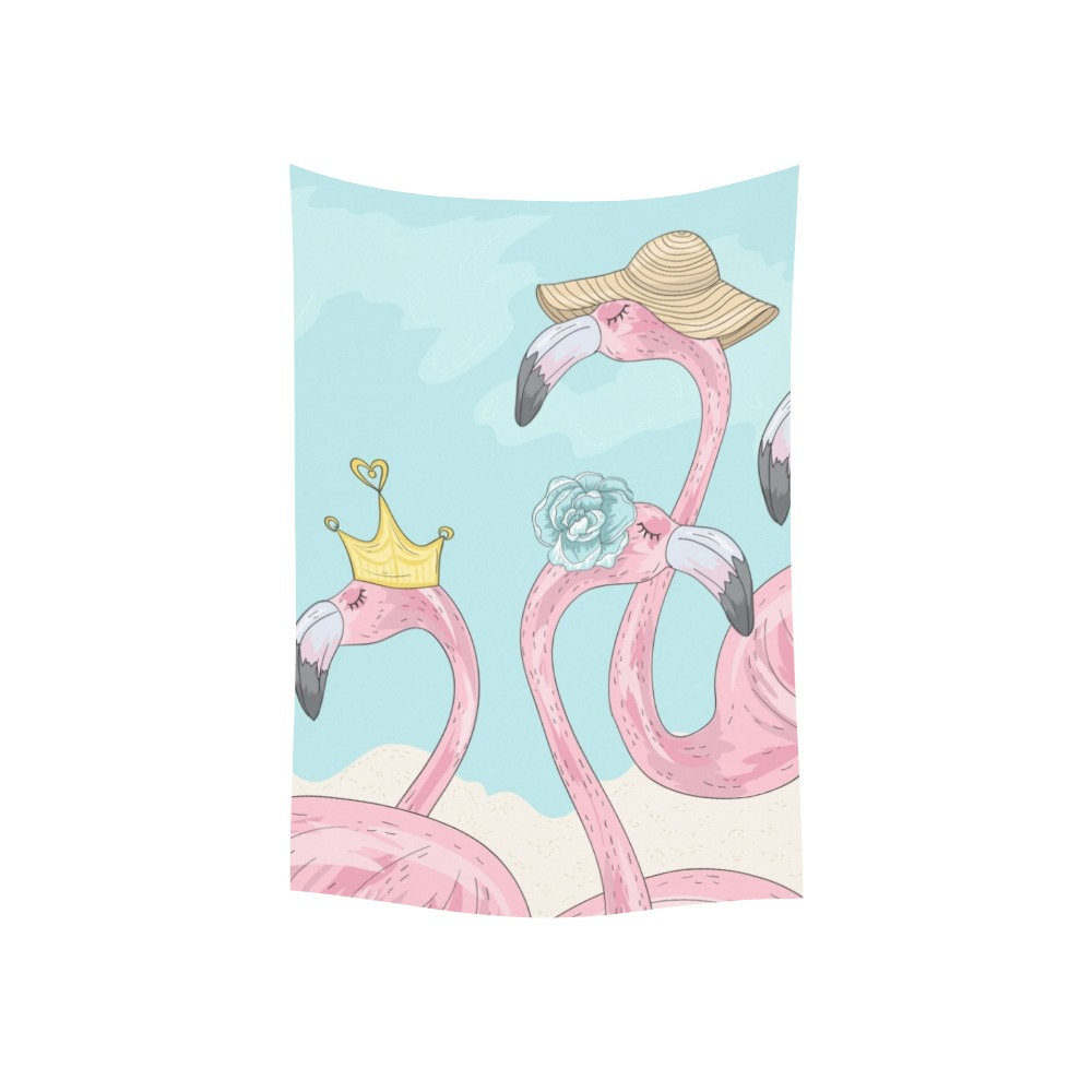 Flamingo wall tapestry, watercolor illustration, pink flamingos with hats, peach skin velvet material, 40x60 inch.