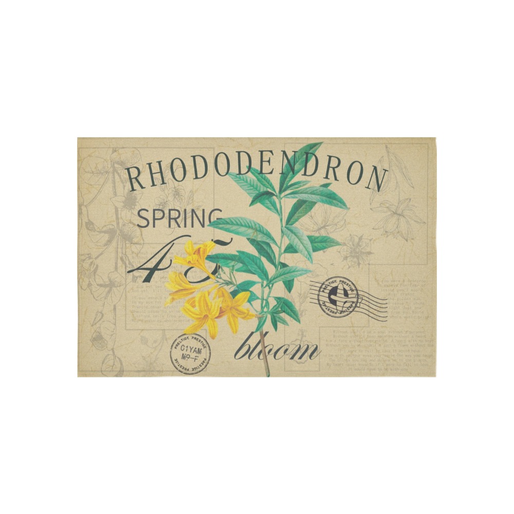 Cotton linen tapestry featuring a botanical design with RHODODENDRON text, perfect for home decor.