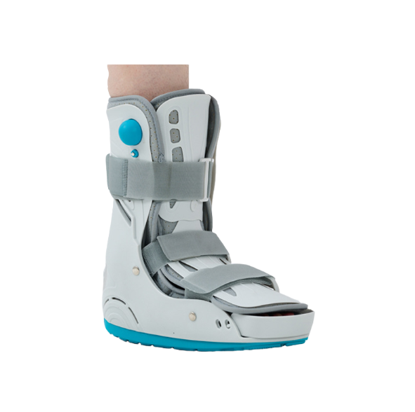 Front-angled view of white and grey inflatable walking boot with teal outsole and three straps