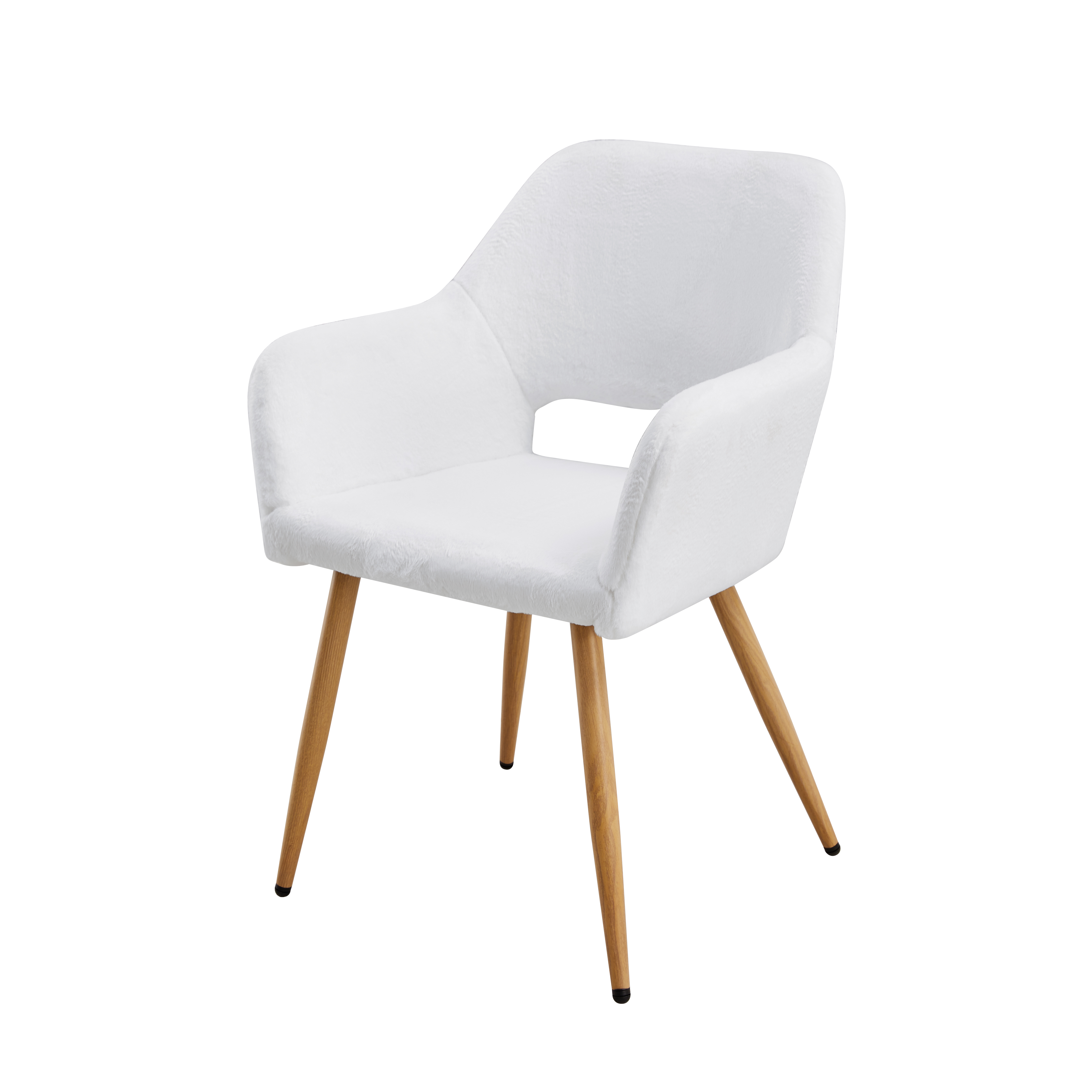 Side three-quarter view of white plush armchair showing upholstered back contour