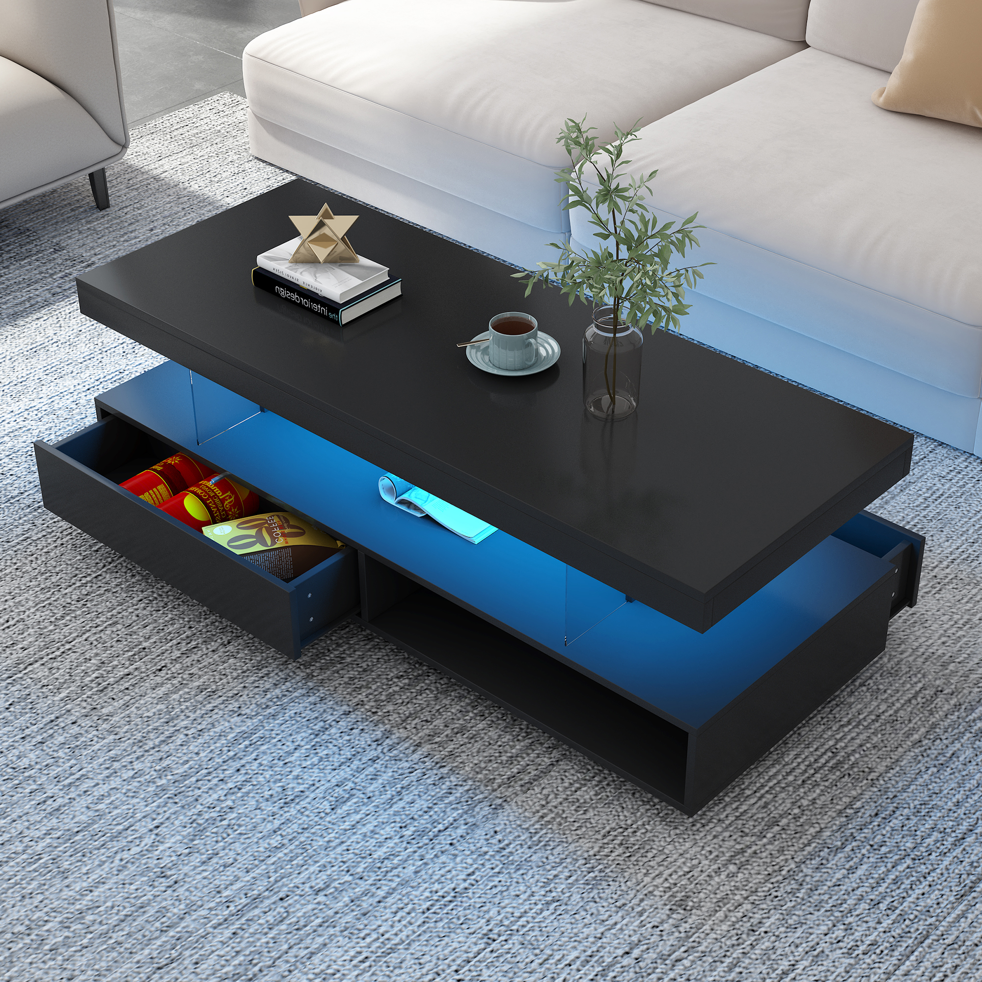 Living room coffee table scene with the table in its everyday setting