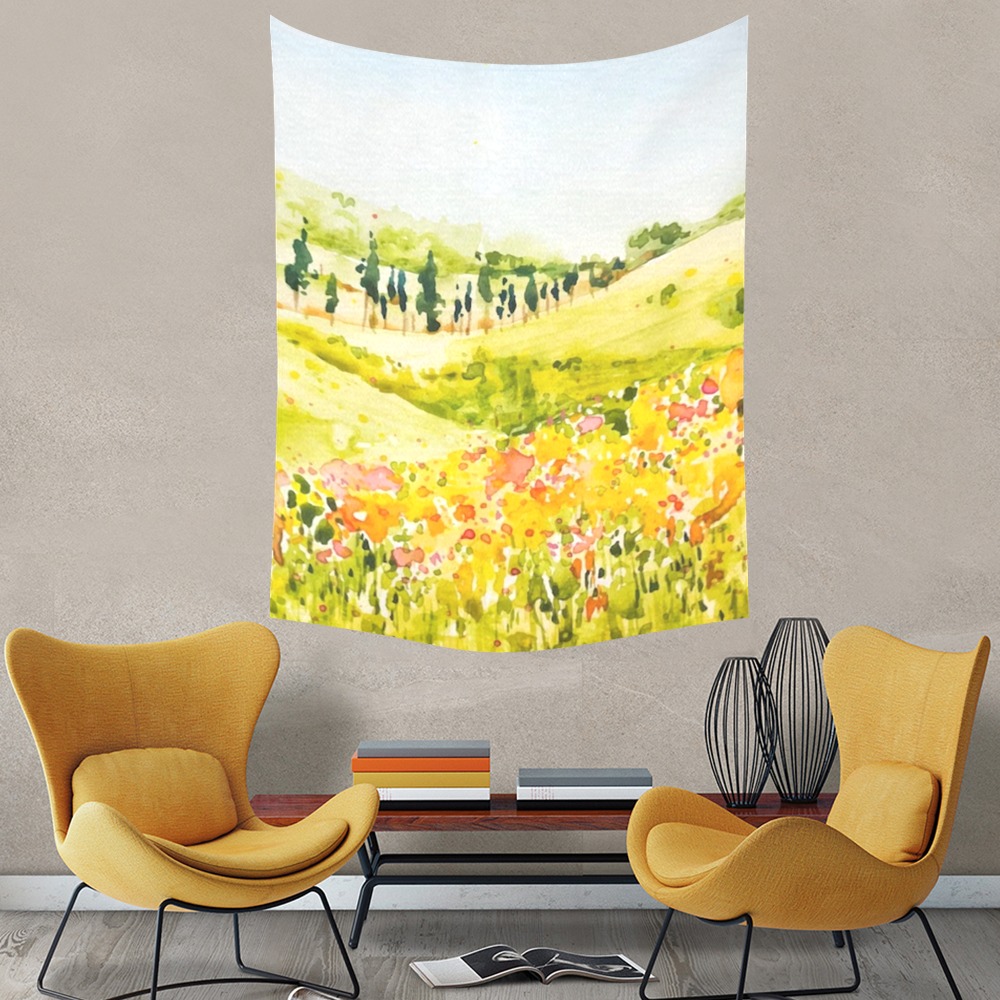Cotton Linen Tapestry 60x80 inches, watercolor landscape, USA made, Inkedjoy decor