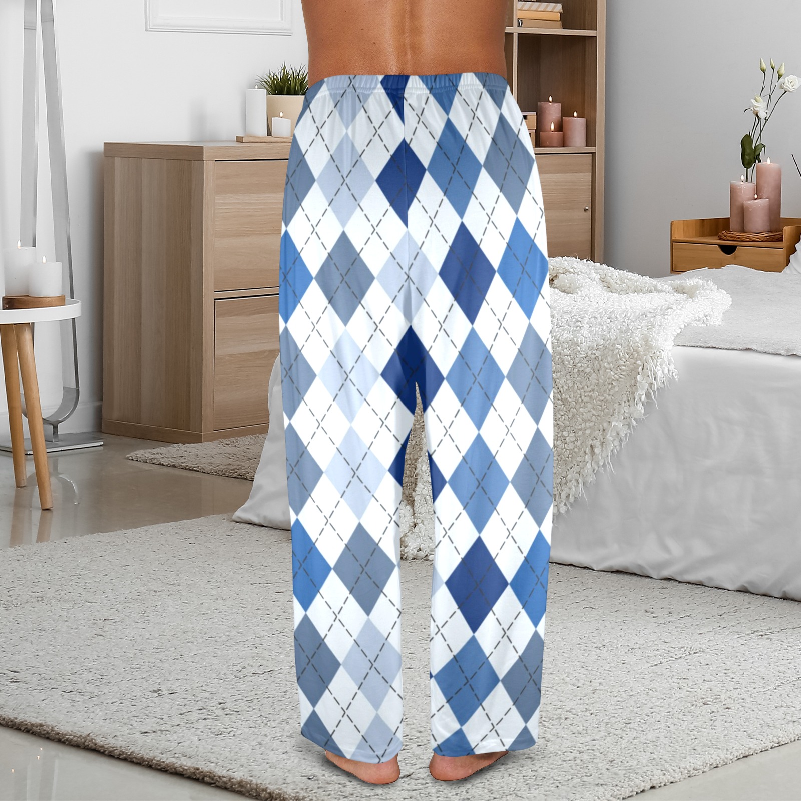 Men's USA-made blue diamond pattern pajama trousers, loose fit for home wear.