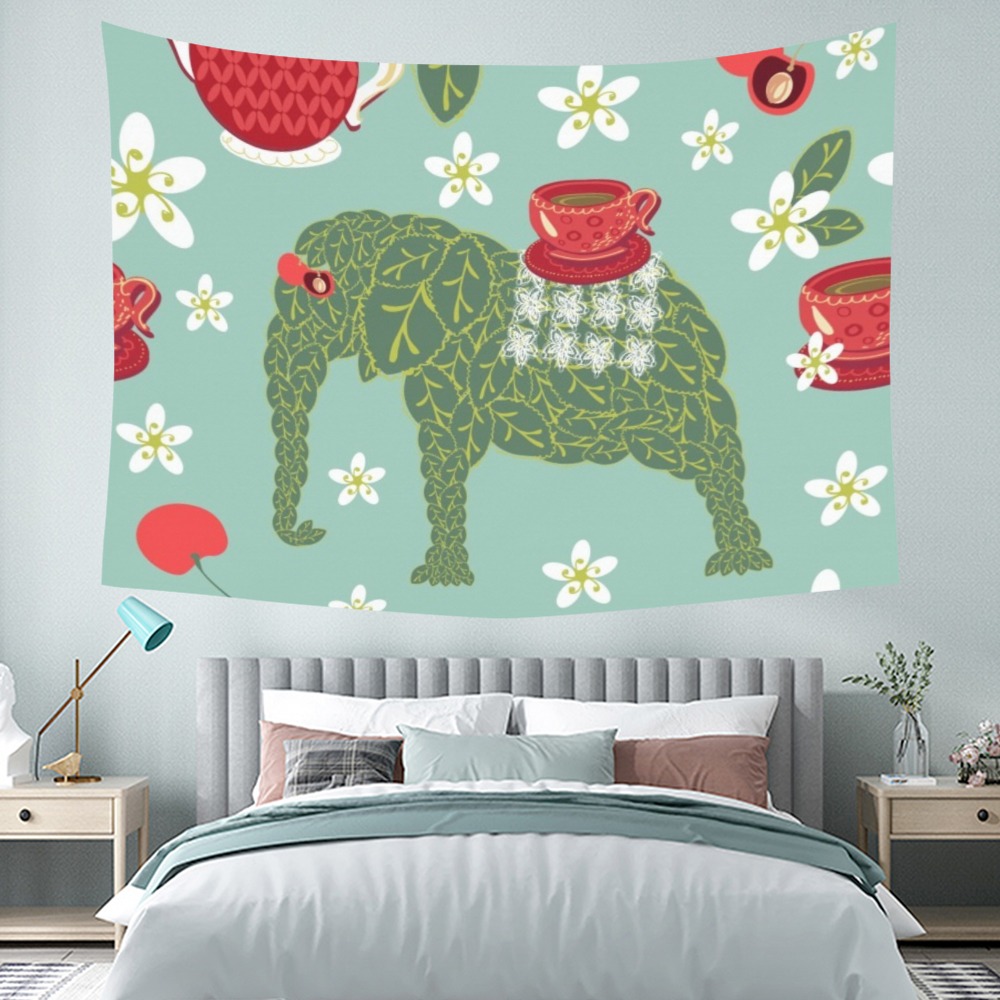 Polyester Peach Skin Wall Tapestry with elephant, watermelon and floral pattern, 80x60 inch.