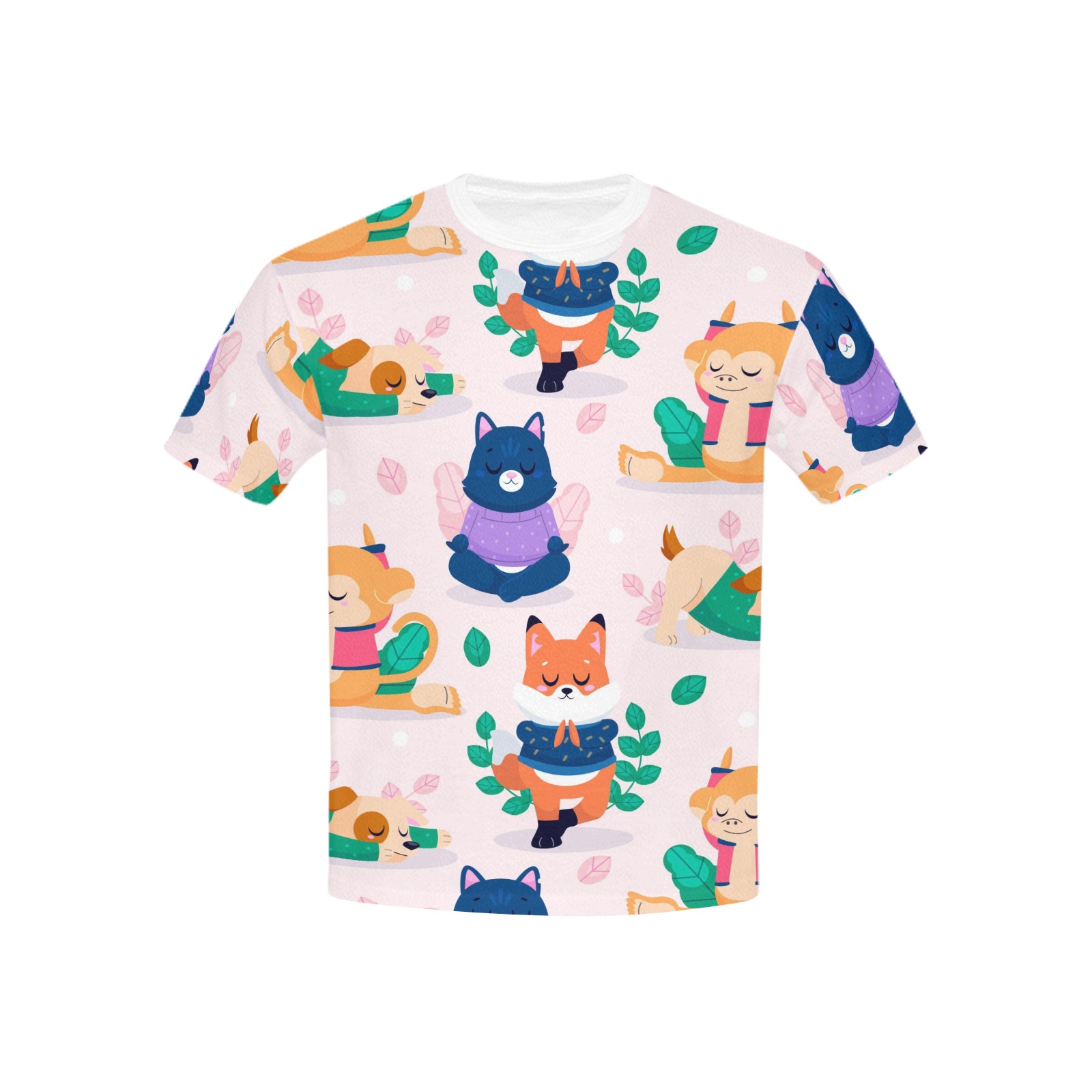 Kid's AOP T-shirt with cartoon fox, bear, and plant pattern, made in Queen USA, polyester fabric.