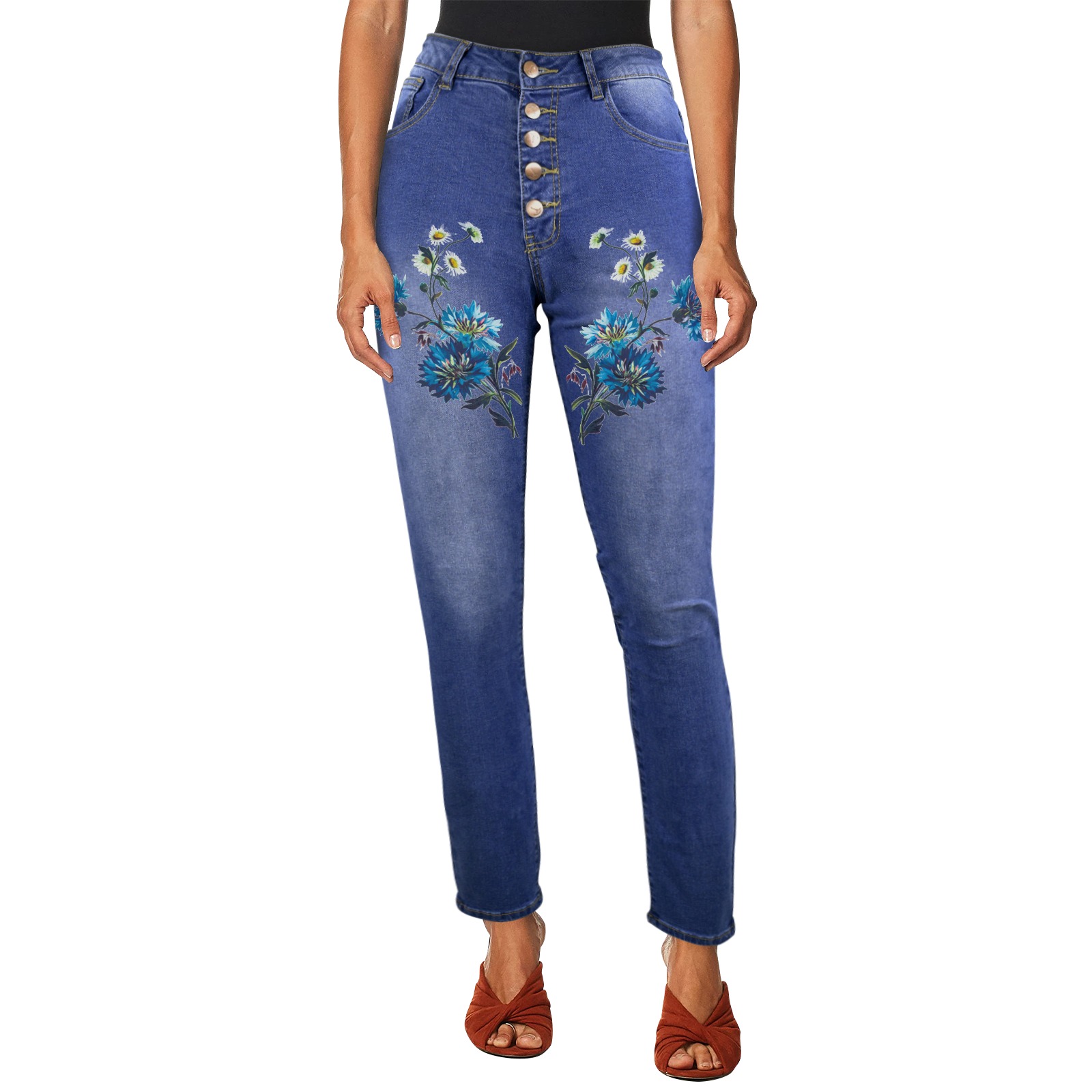 Women's blue denim jeans with floral front print, Made in USA