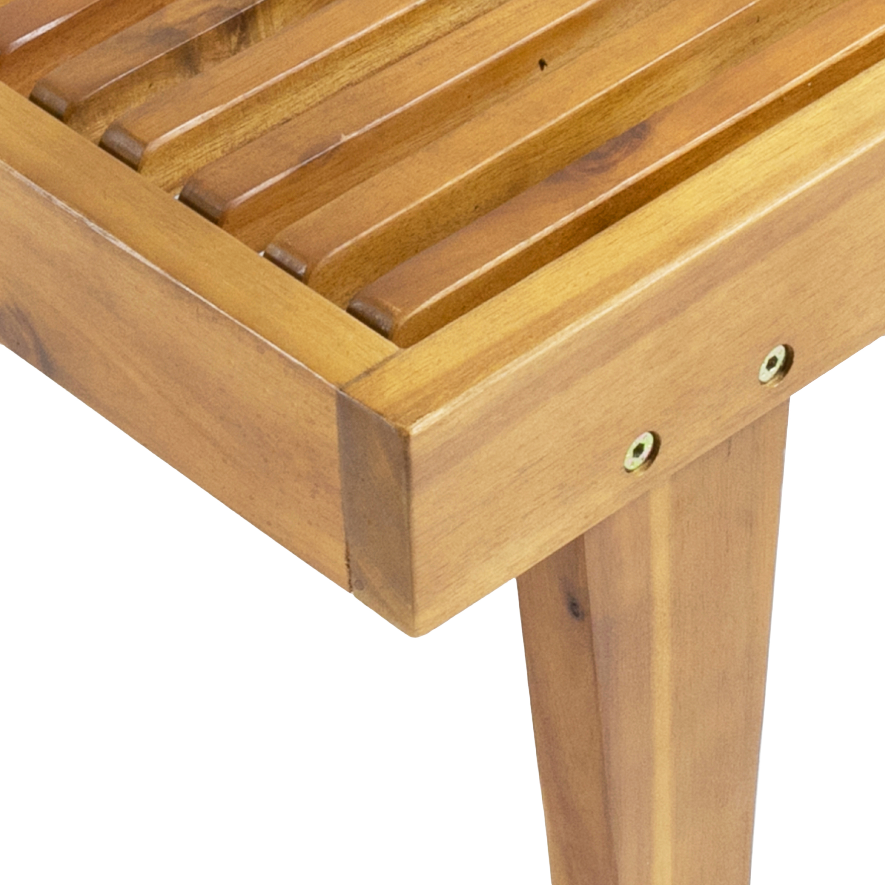 Close-up of corner joinery and tapered wooden leg with screw fixings