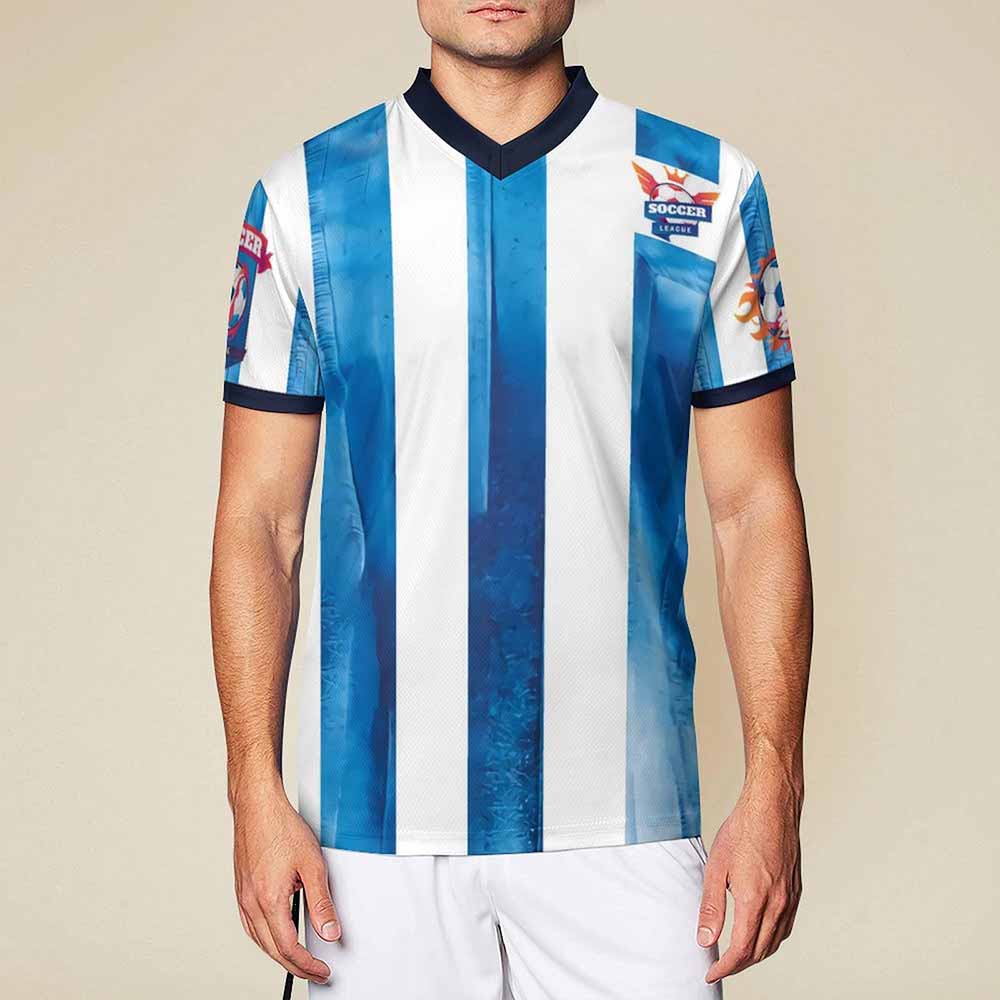 Football V-neck jersey with white and blue stripes, stylish design, comfortable mesh fabric.