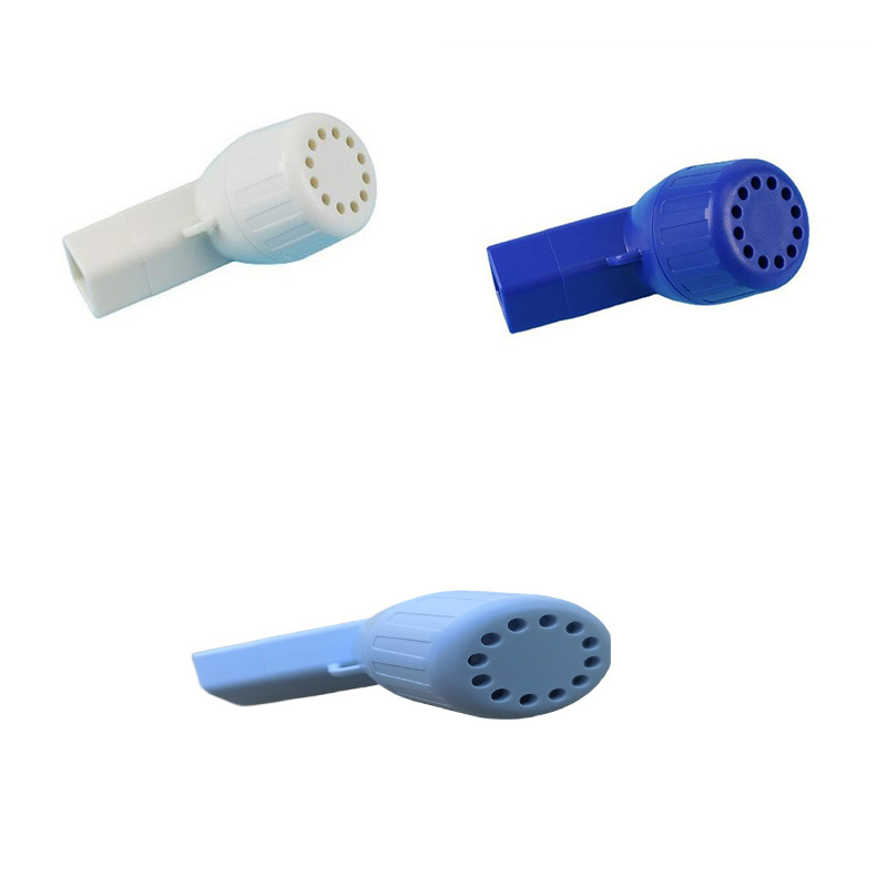 Hand holding the device, demonstrating its compact palm-sized form and ease of use during a breathing session