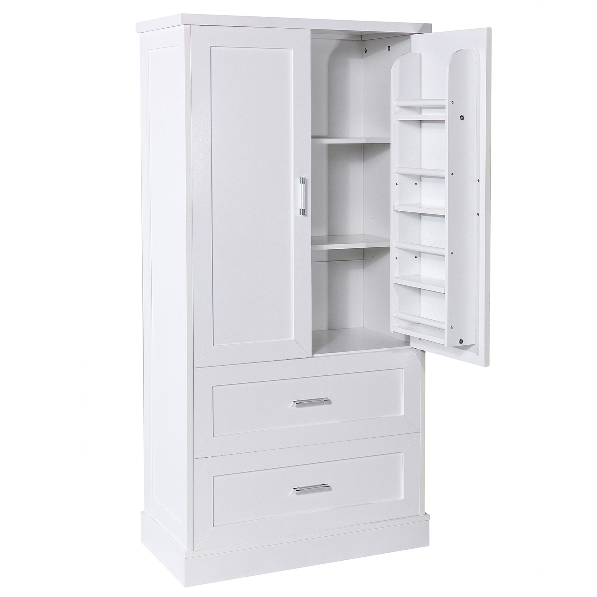 Clean white bathroom with a tall storage cabinet and tidy counter