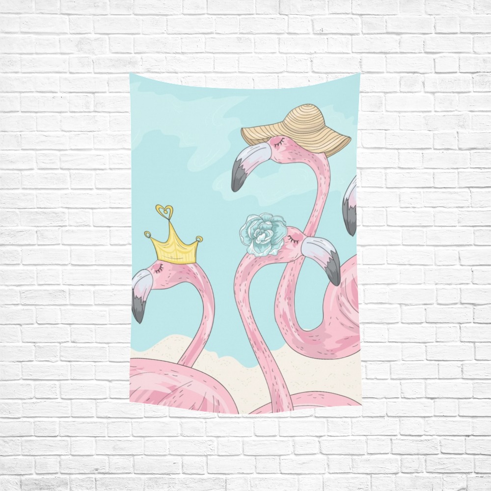 Polyester Peach Skin Flamingo Tapestry, 40x60 inch wall decor, featuring pink flamingos with hats, USA made.