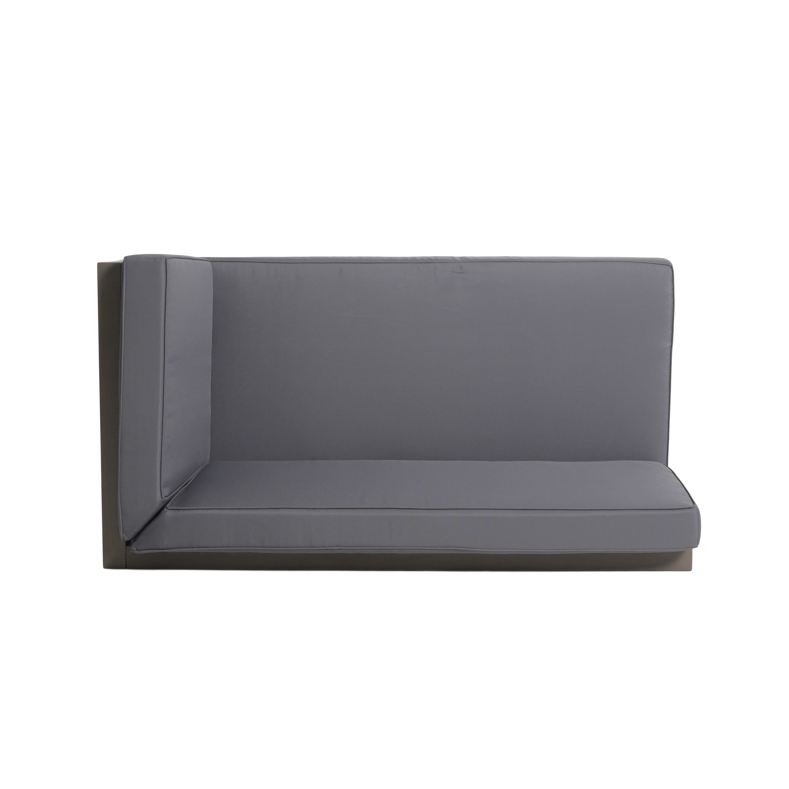 Charcoal seat and back cushions with piping on a grey wood frame