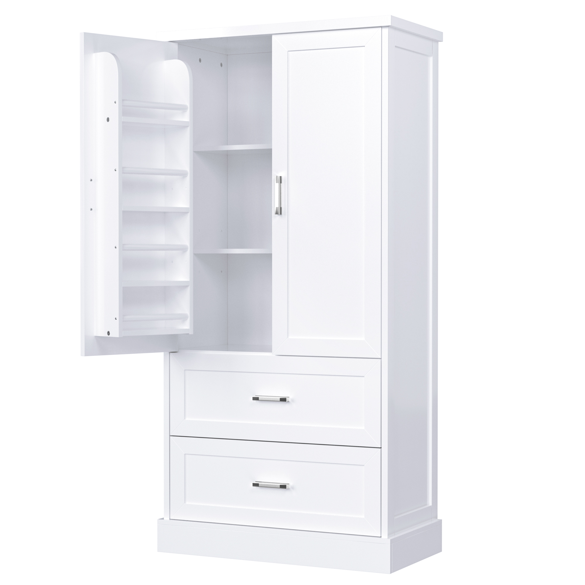 Tall white cabinet with doors closed beside a bathroom wall
