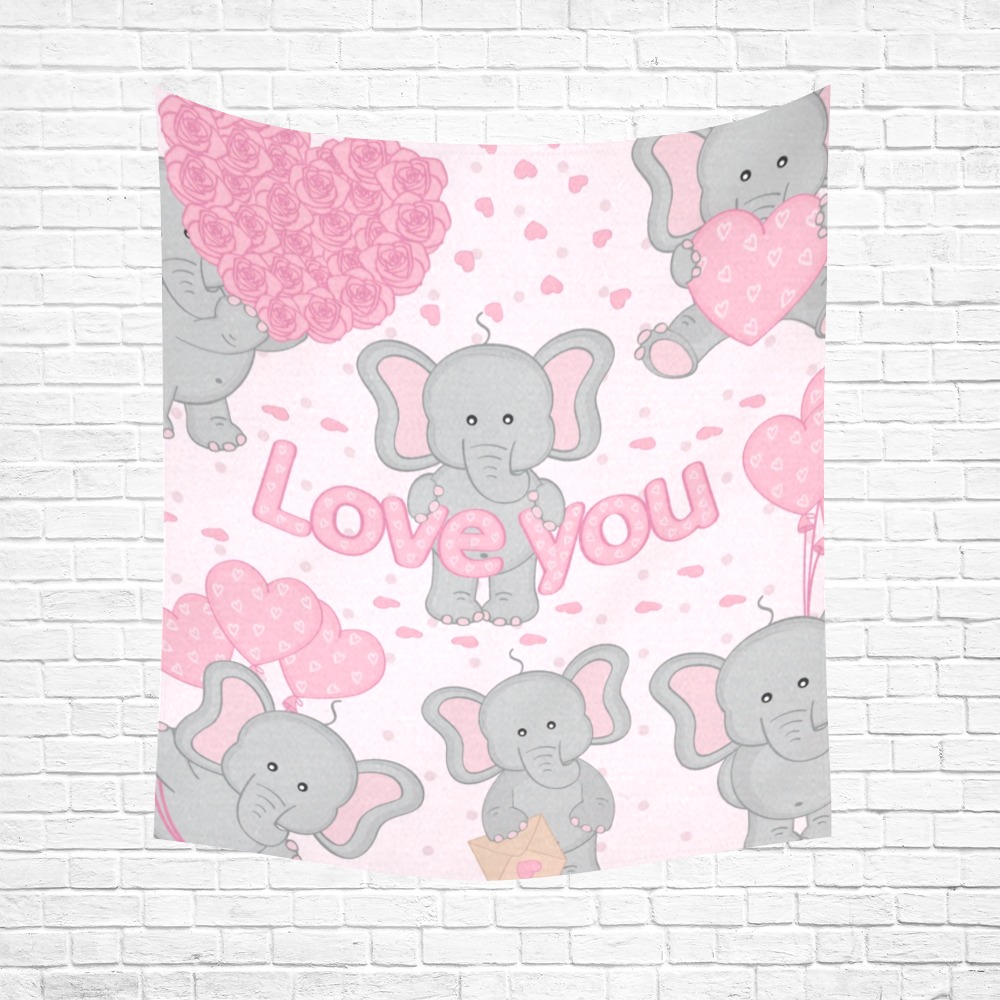 Pink cotton linen tapestry with gray elephants and "Love You" text, perfect for wall decor.
