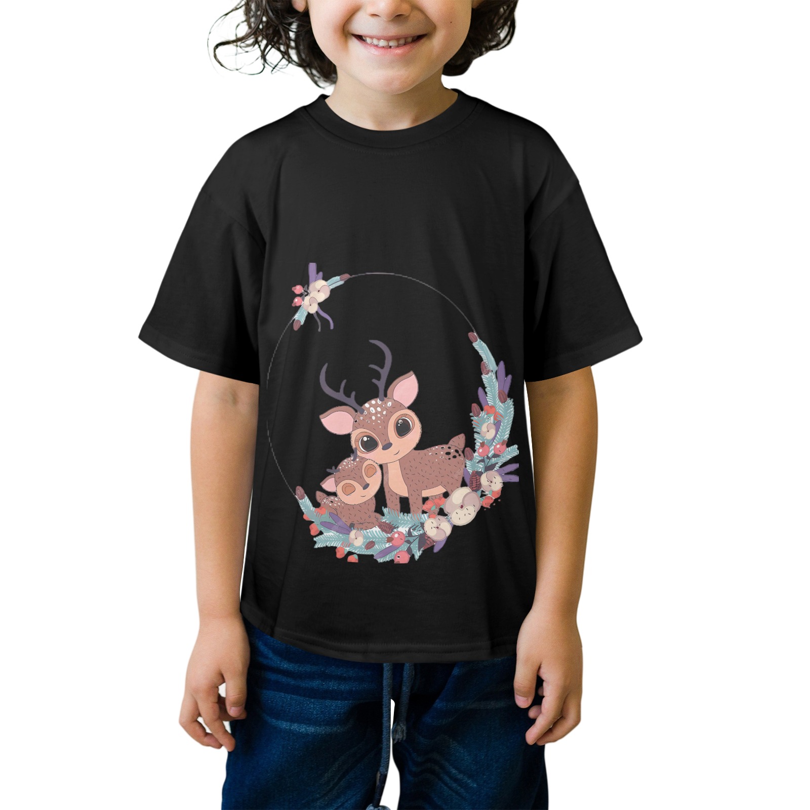 Kids' black t-shirt with deer and floral moon print