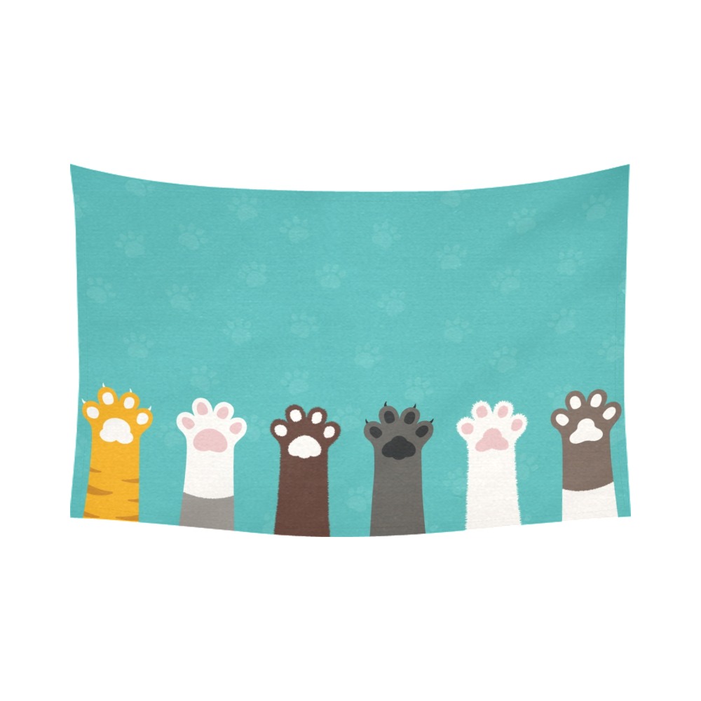 Cotton Linen Tapestry featuring colorful cat paw prints, 90x60 inch, turquoise background.