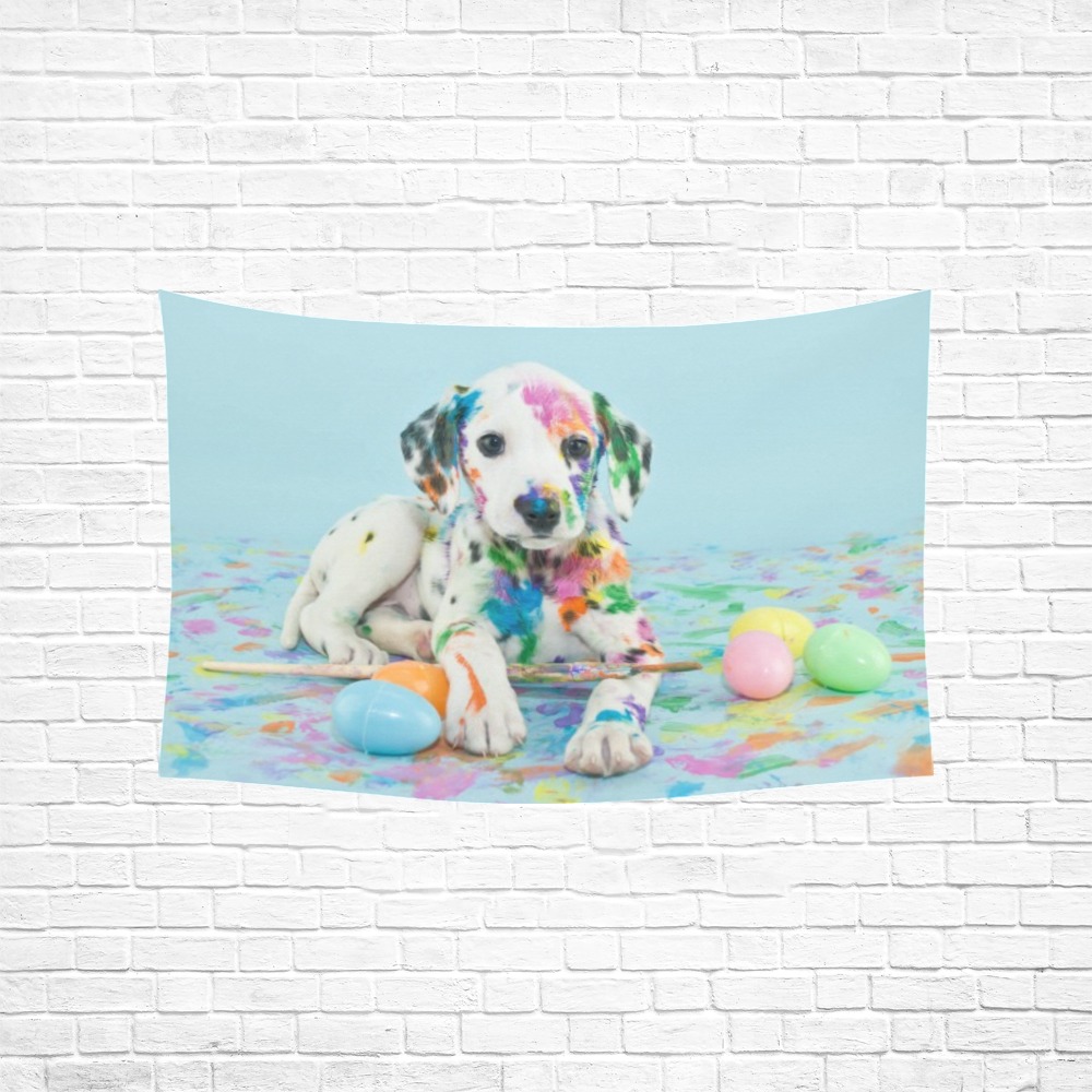 Dalmatian puppy tapestry with Easter eggs, peach skin fleece, 60x40 inch wall decor