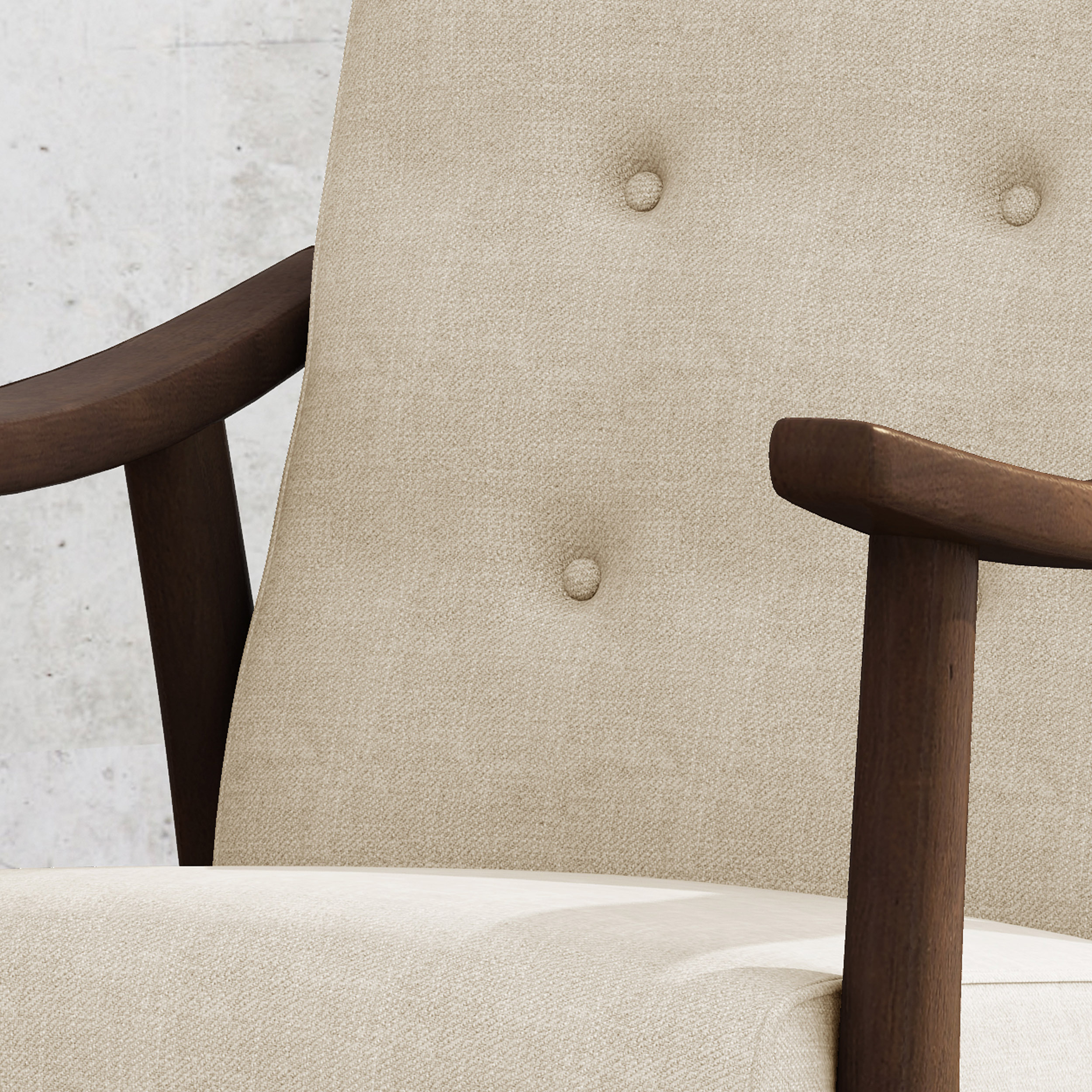 Walnut-framed beige armchair placed in a living room corner