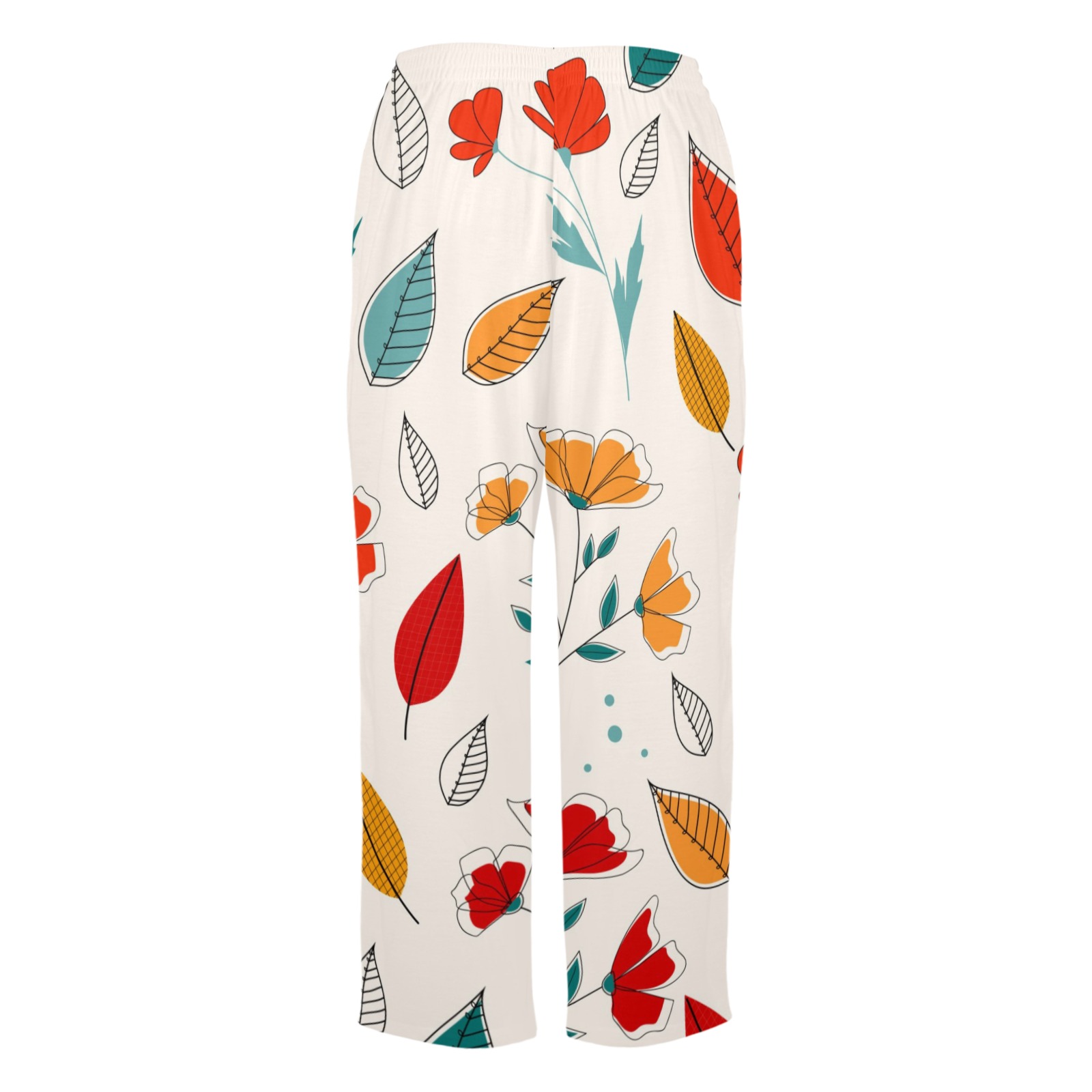 Women's pajama trousers with colorful leaf print, USA made, soft and breathable polyester.