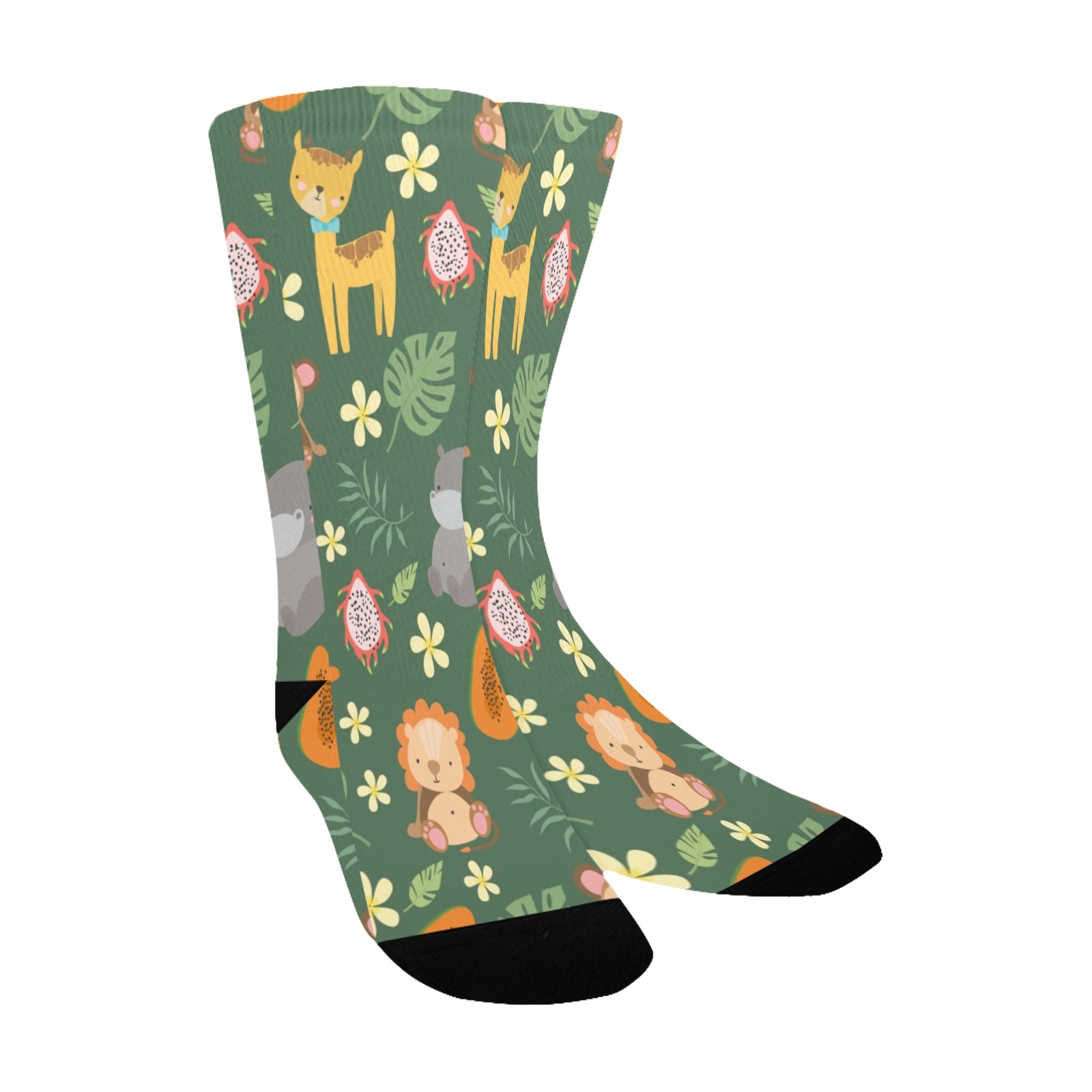 Kids' custom socks with all-over animal print, made of soft, breathable polyester.