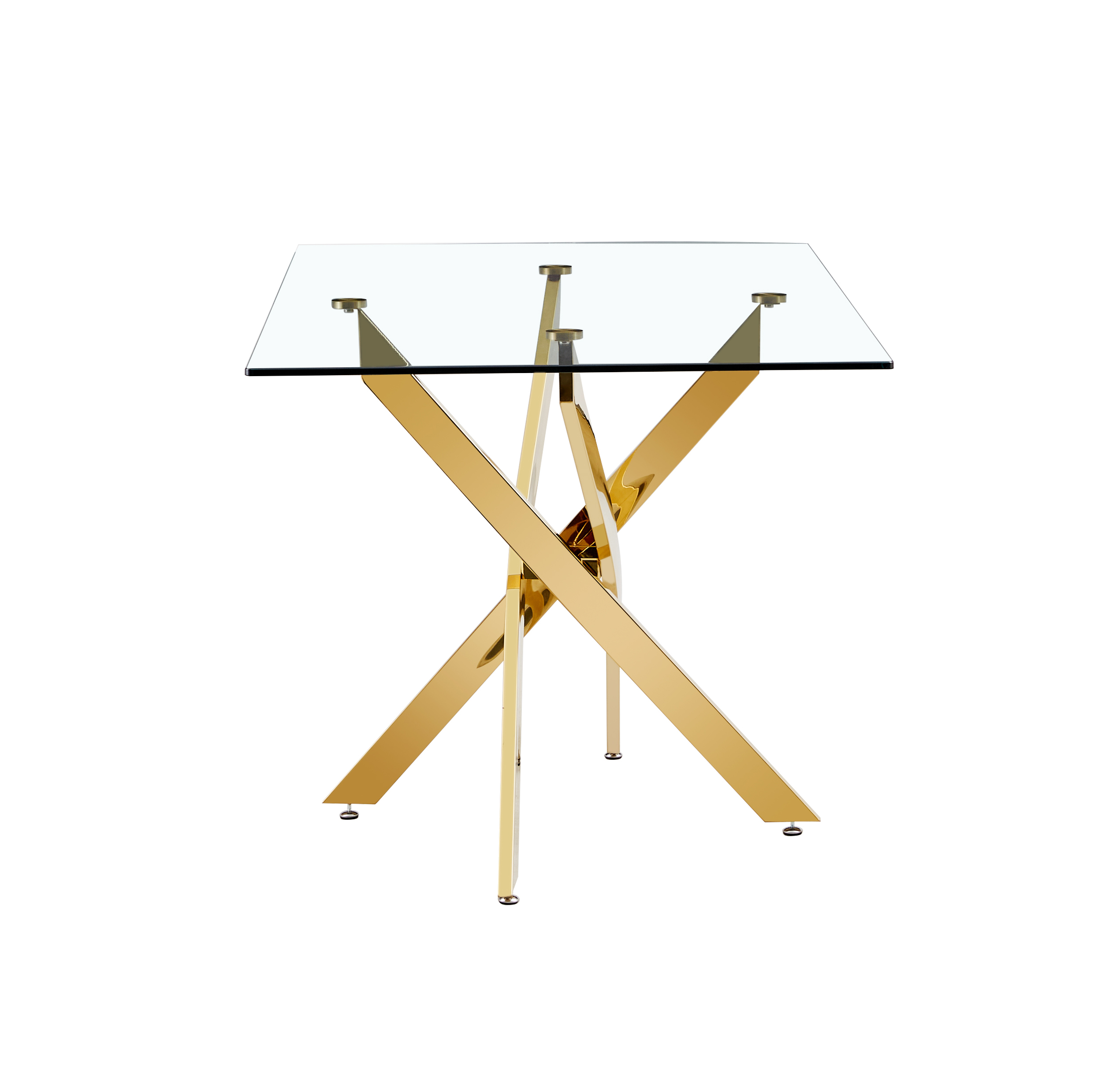 Front view of gold X-base table showing four floor glides and leg footprint