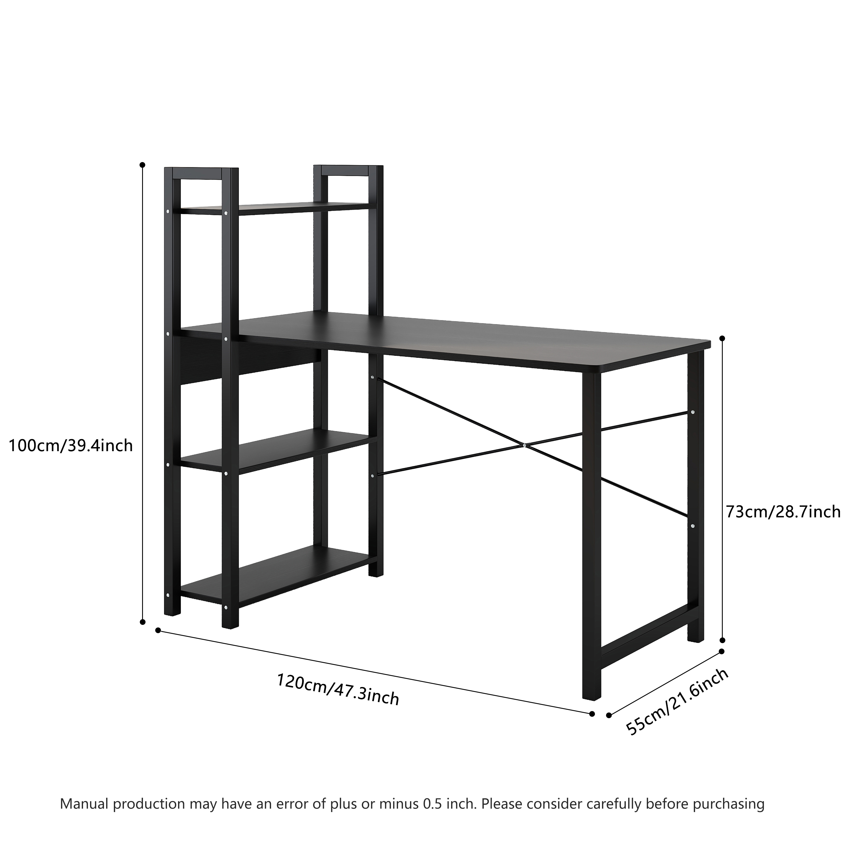 Clean black desk setup in a bright room with open shelving