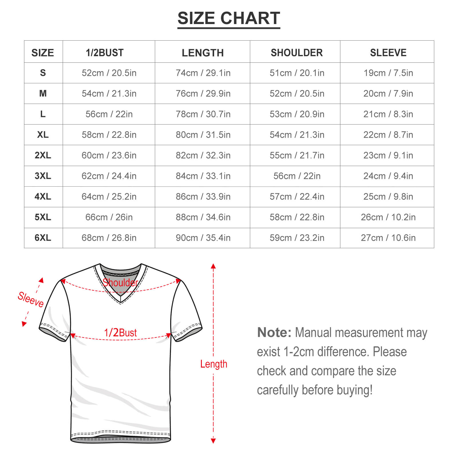 Football V-neck shirt size chart: Bust, Length, Shoulder, Sleeve measurements in cm/in, with V-neck shirt diagram.
