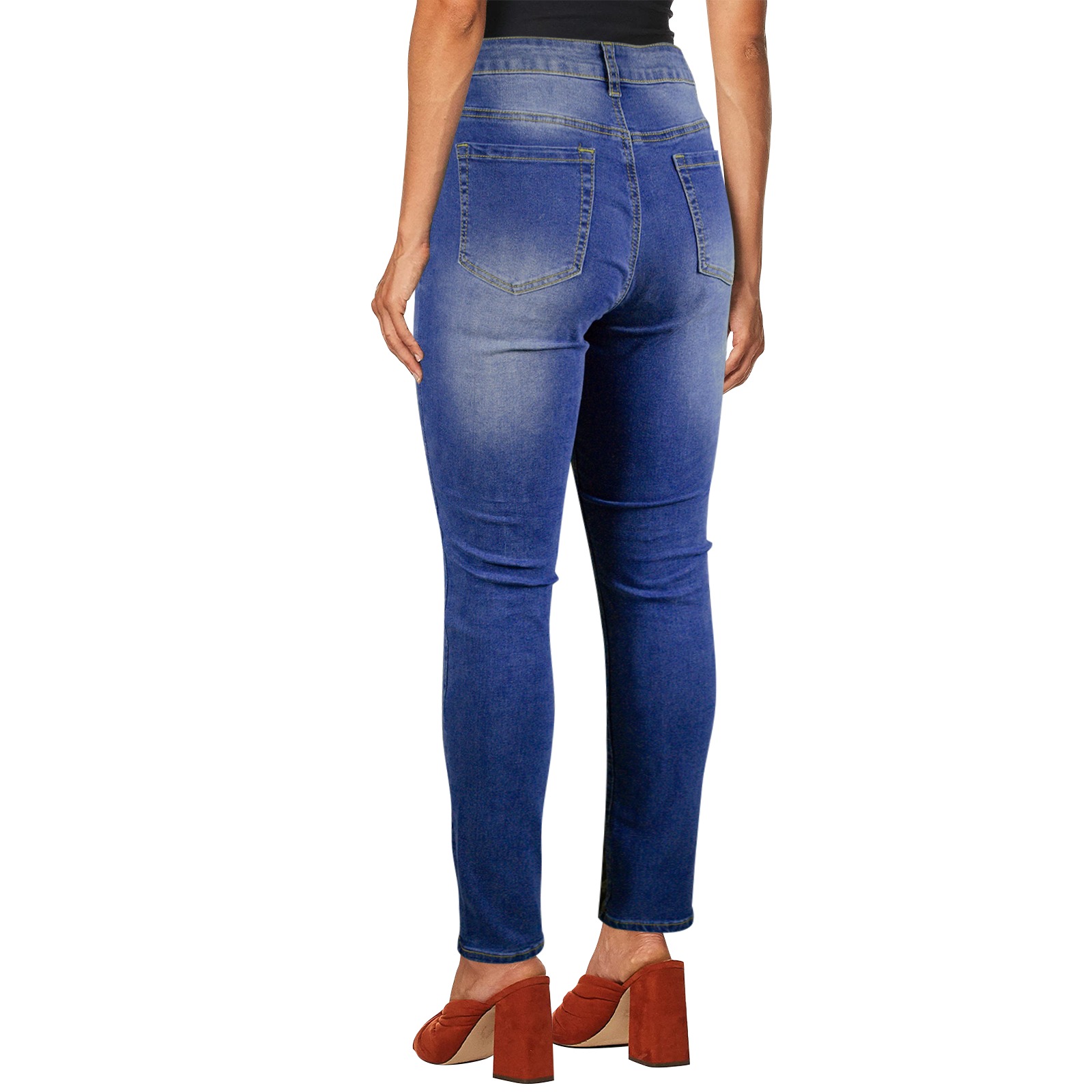 Women's blue denim jeans, made in USA, featuring a slim fit, high-quality fabric, and a comfortable design.