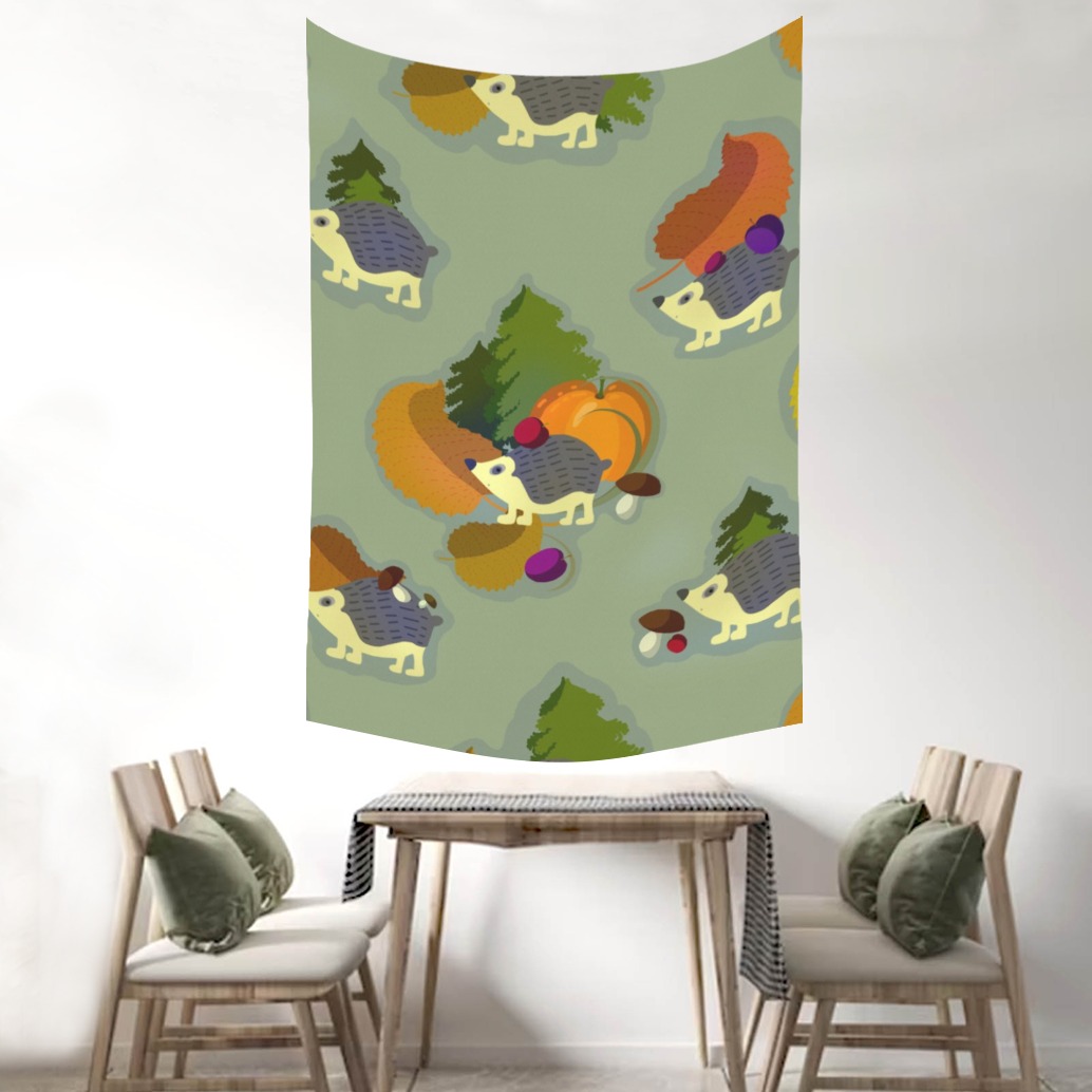 Peach skin wall tapestry with hedgehog and leaves pattern, 60x90 inches, USA made, wall decor.