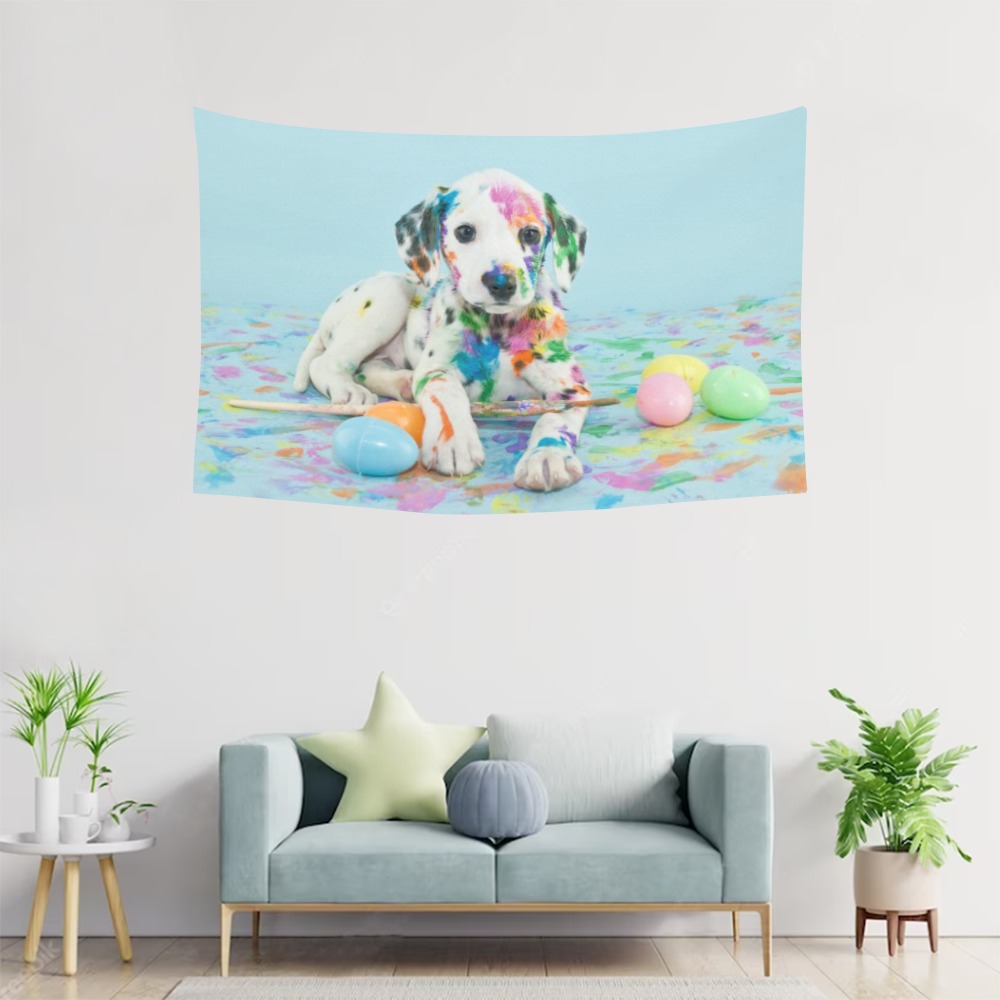 Polyester peach skin wall tapestry featuring a Dalmatian puppy with Easter eggs, 60x40 inches, made in the USA.