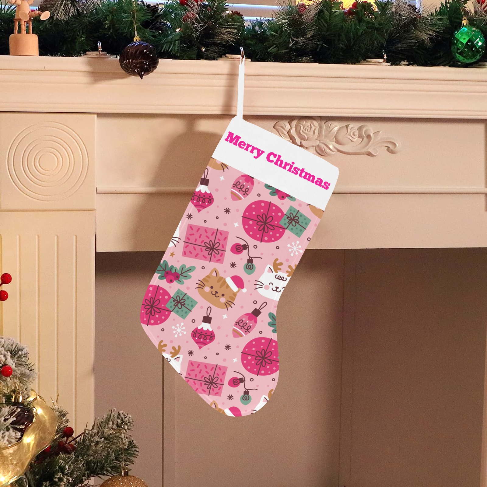 Pink Christmas stocking with floral pattern and "Merry Christmas" text, polyester, holiday decoration