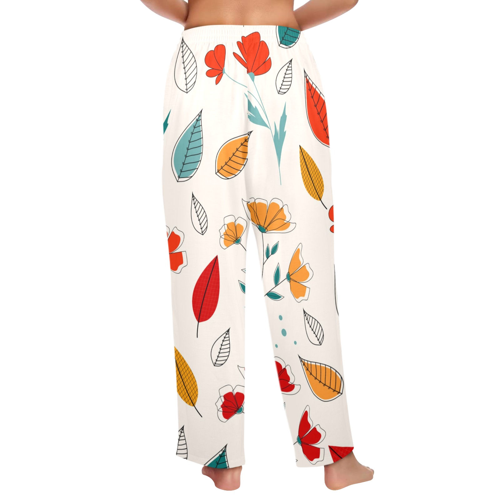 Women's pajama trousers with colorful leaf print, made of soft polyester, USA made
