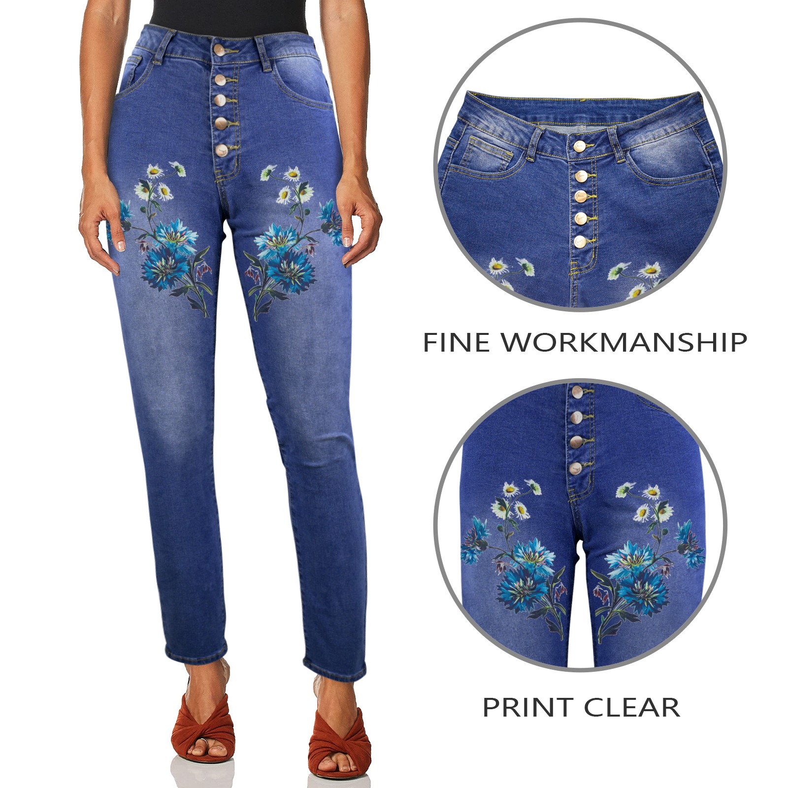Blue denim women's jeans with front floral print, Made in USA, Fine Workmanship, Print Clear