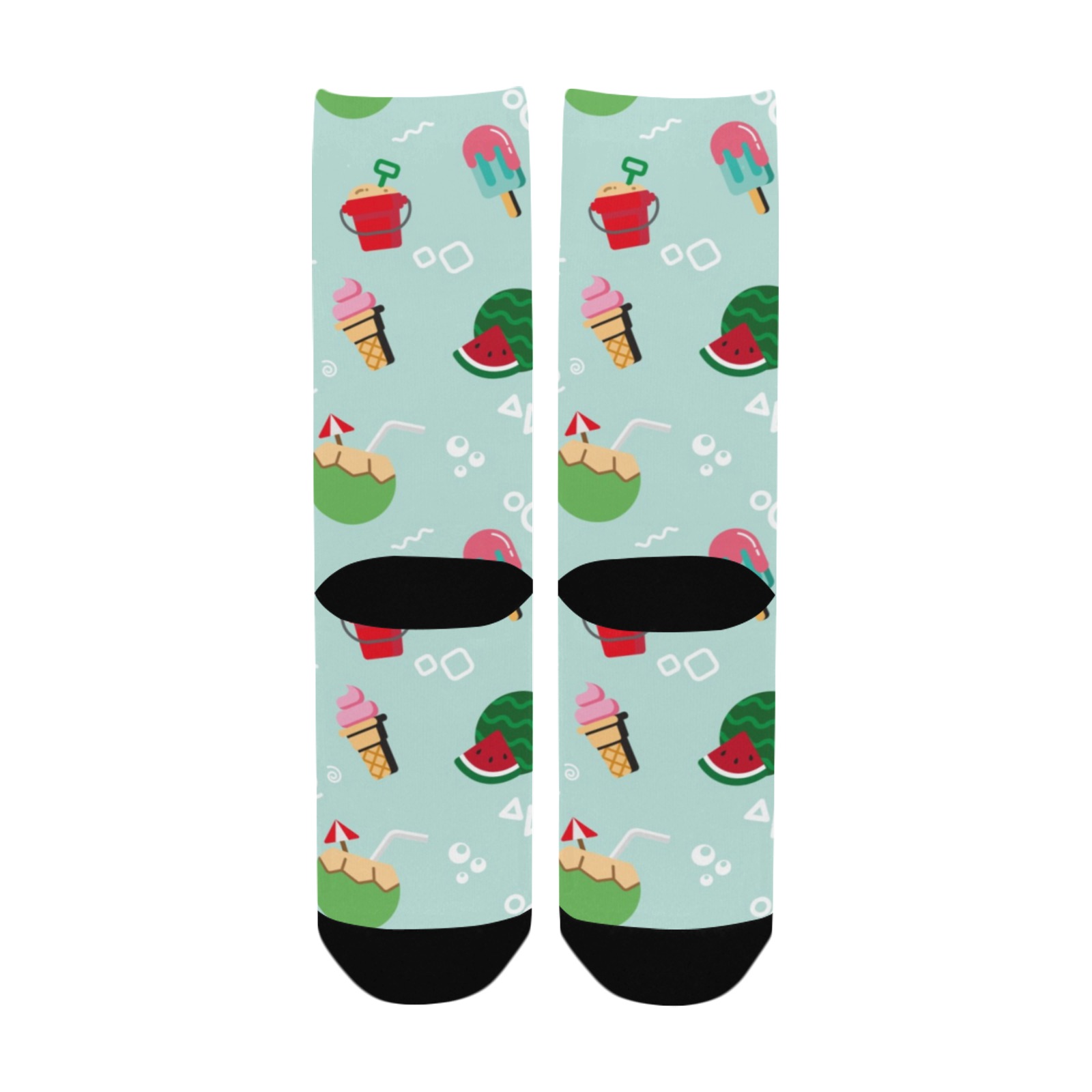 Women's custom socks with all-over ice cream print. Breathable polyester, USA made.