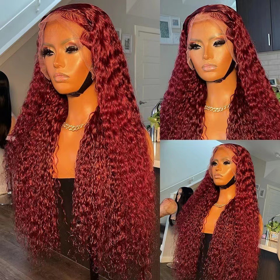 Full-length burgundy wig showing dense defined curls
