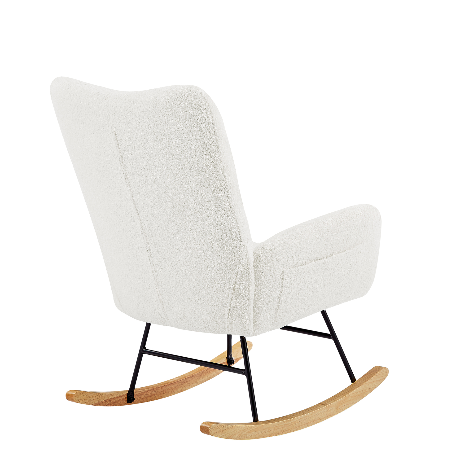 Rear three-quarter view of boucle rocker showing tufted back and metal frame