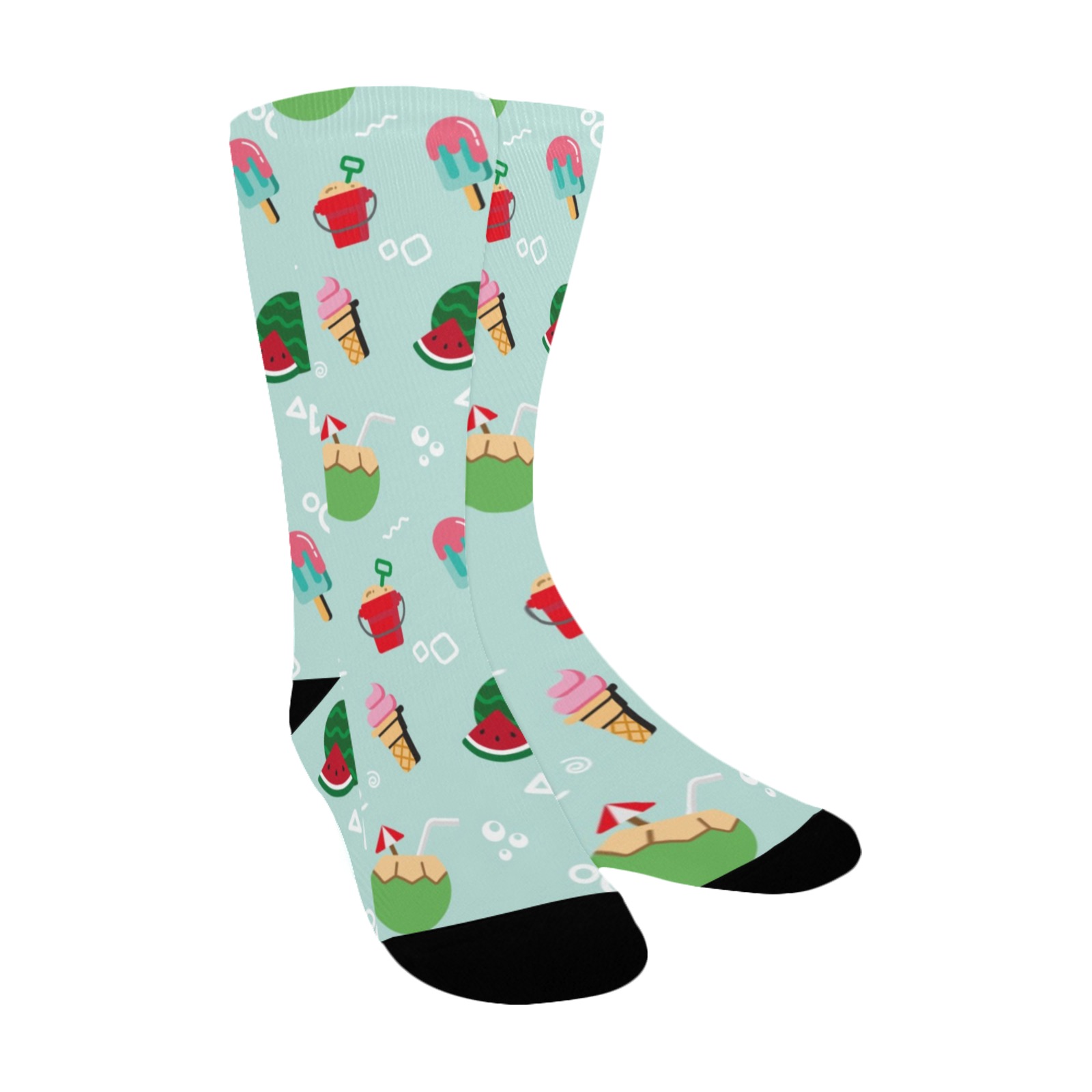 Custom women's socks with all-over ice cream print. Breathable polyester, made in USA, ships to USA only.