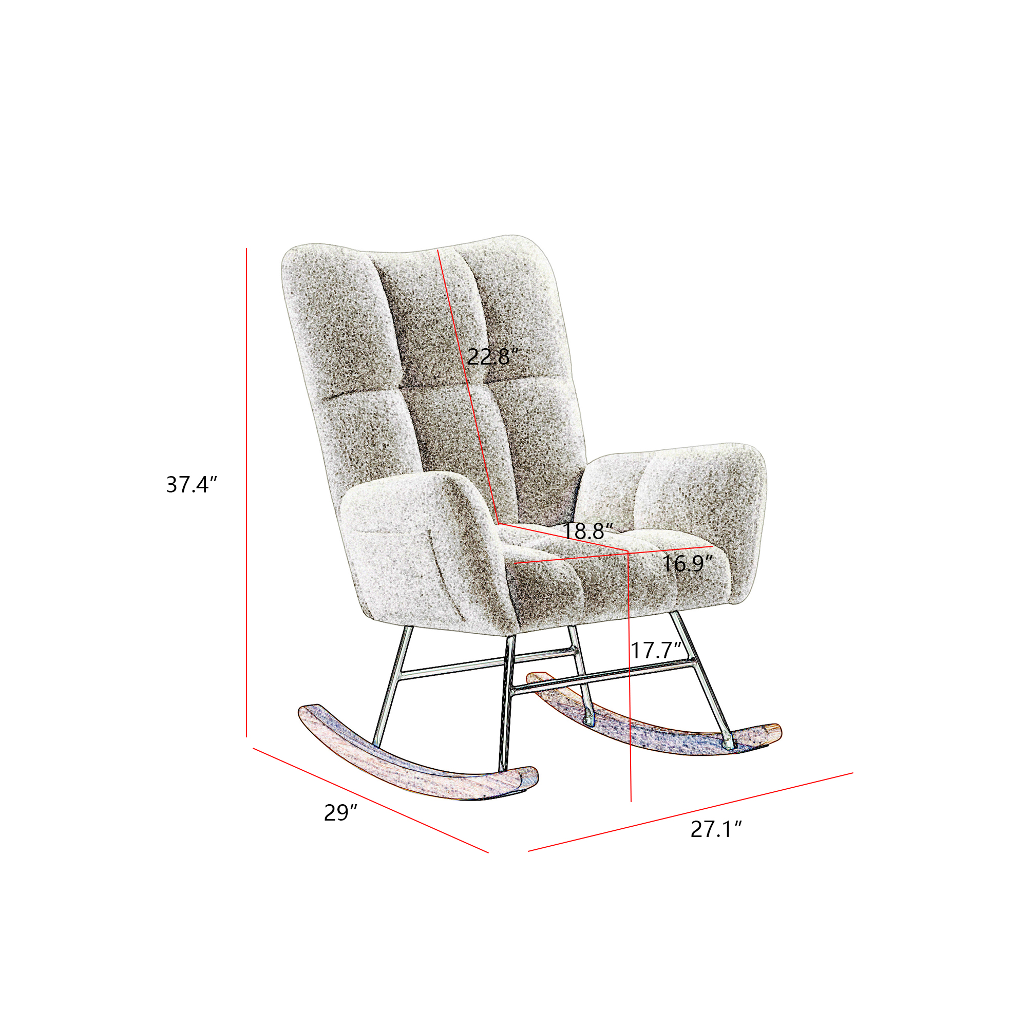 Line drawing of rocking chair with height, depth and width dimension callouts
