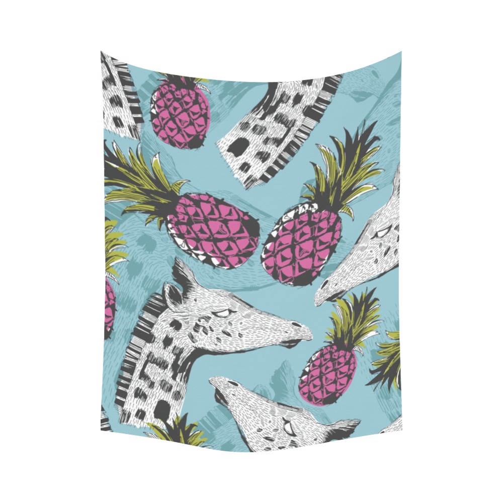 Polyester peach skin wall tapestry with pineapple and giraffe pattern in turquoise, for indoor and outdoor decor