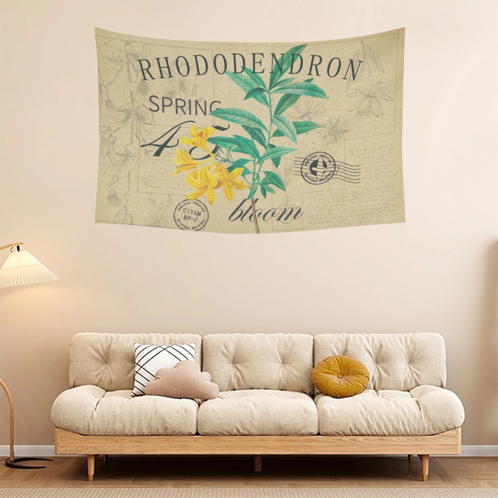 60x40 cotton linen tapestry with RHODODENDRON botanical design, hanging on wall