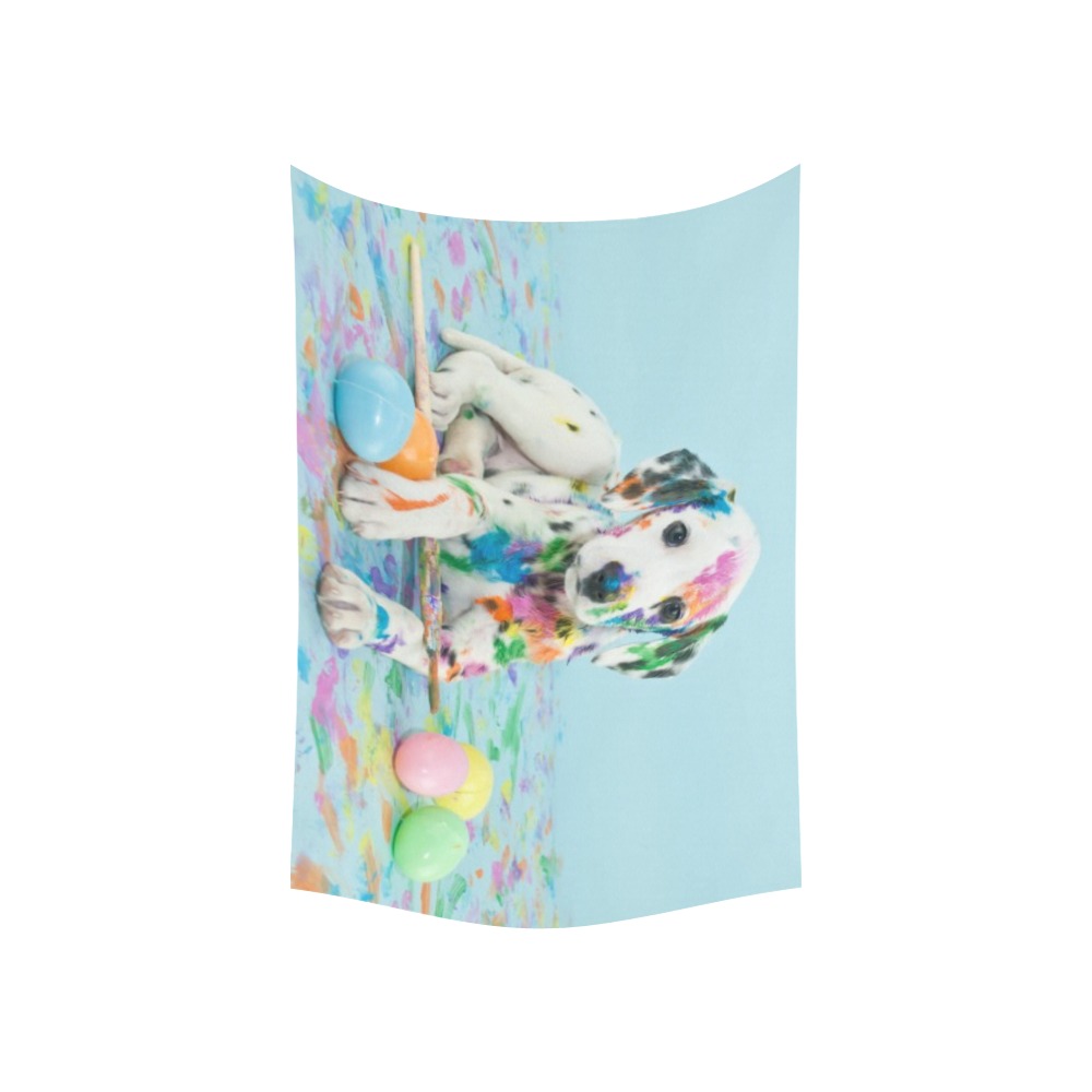 Peach skin tapestry featuring a Dalmatian puppy with Easter eggs, 60x40 inches, indoor wall decor.