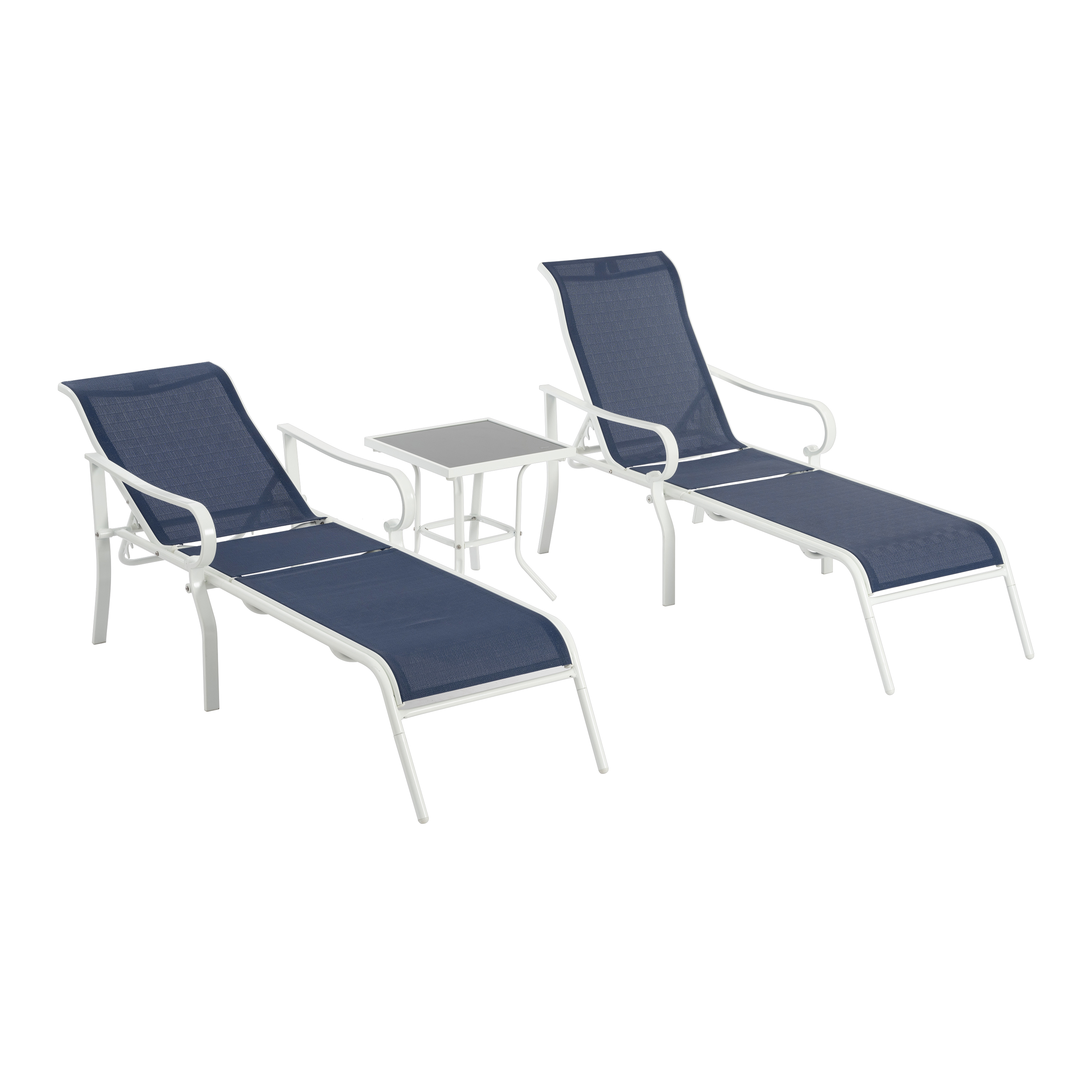 Two navy loungers and a matching side table on a white background