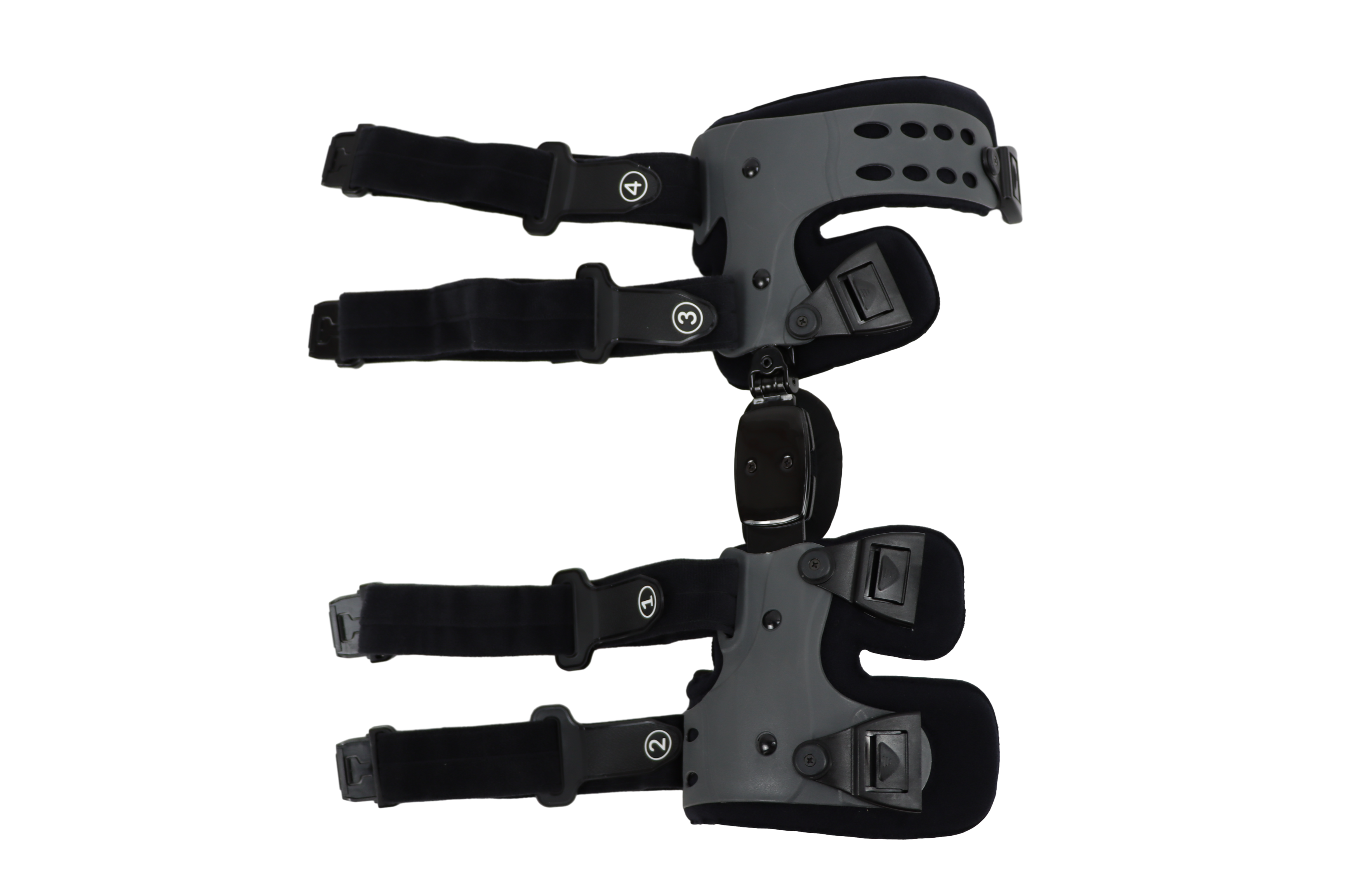 Flat-lay disassembled view showing upper and lower brace components with hinged connector piece and individual strap details
